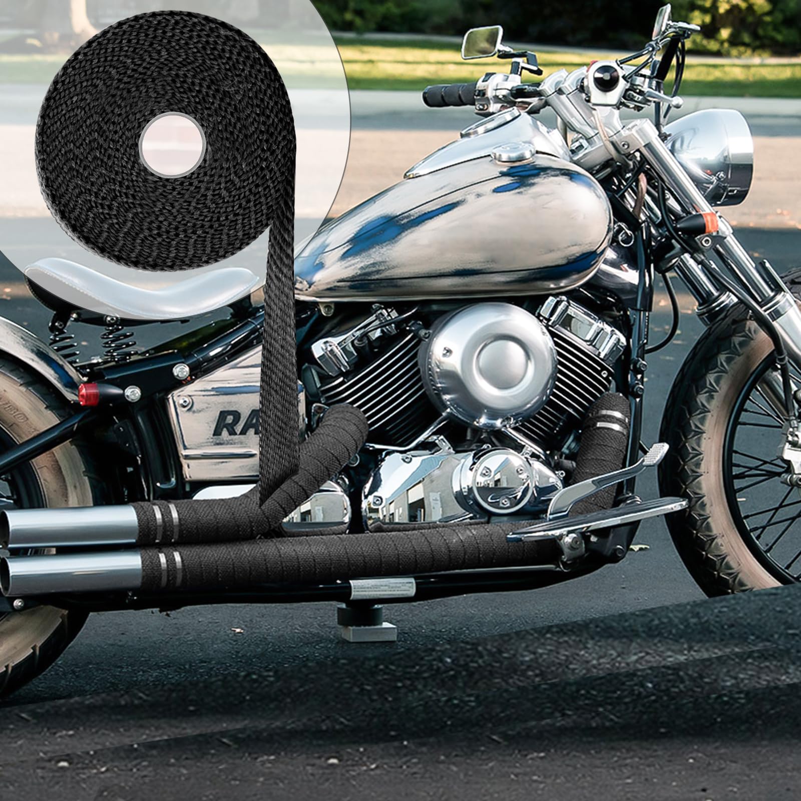 Nastro Sigillante dello Scarico, 6mx5cm Bende Termiche Moto Nastro Termico Protezione Calore Scarico Benda Termica Scarico con 10 Fascette Metalliche per Collettori Automobile e Tubo Scarico Moto