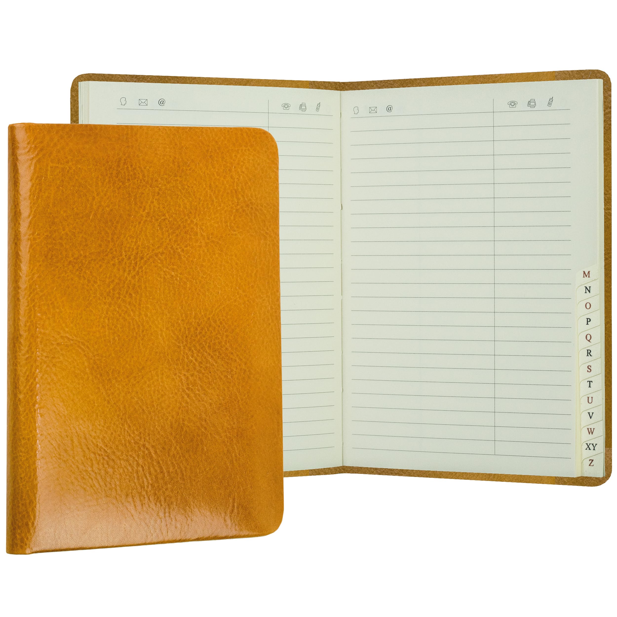 DELMON VARONE - Personalisierbares Adressbuch DIN A6+ gebunden mit A-Z Register Vintage Leder braun - Telefonbuch klein mit leicht wattiertem Hardcover Einband & alphabetischem Telefonregister