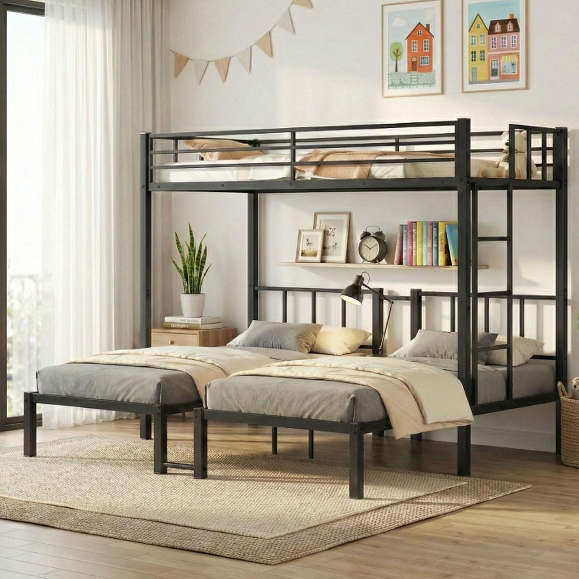 EYATZO Heavy Duty Triple Bunk Bed for Kids, Twin Over Twin Over Twin Bunk Bed, Metal 3 Bed Bunk Beds for Teens and Adults, No Box Spring Needed, Black