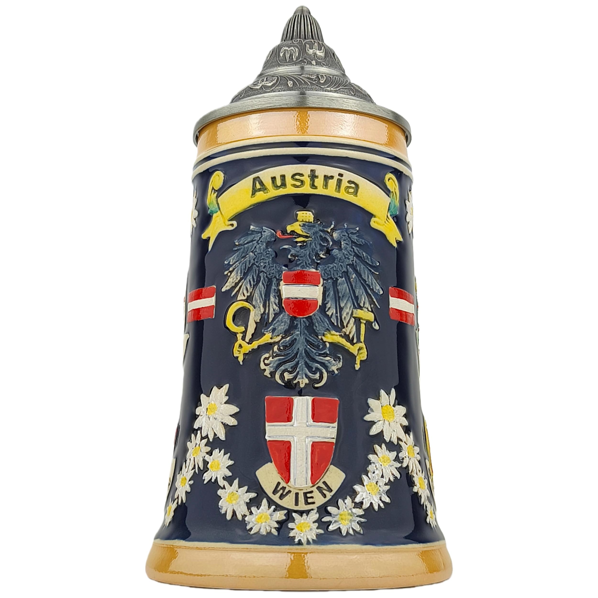 Bierkrug mit Deckel 0,7L mit Österreich-Motiv – Steinkrug mit Bundesländer-Wappen und Edelweiß-Dekor – Souvenir & Geschenkidee
