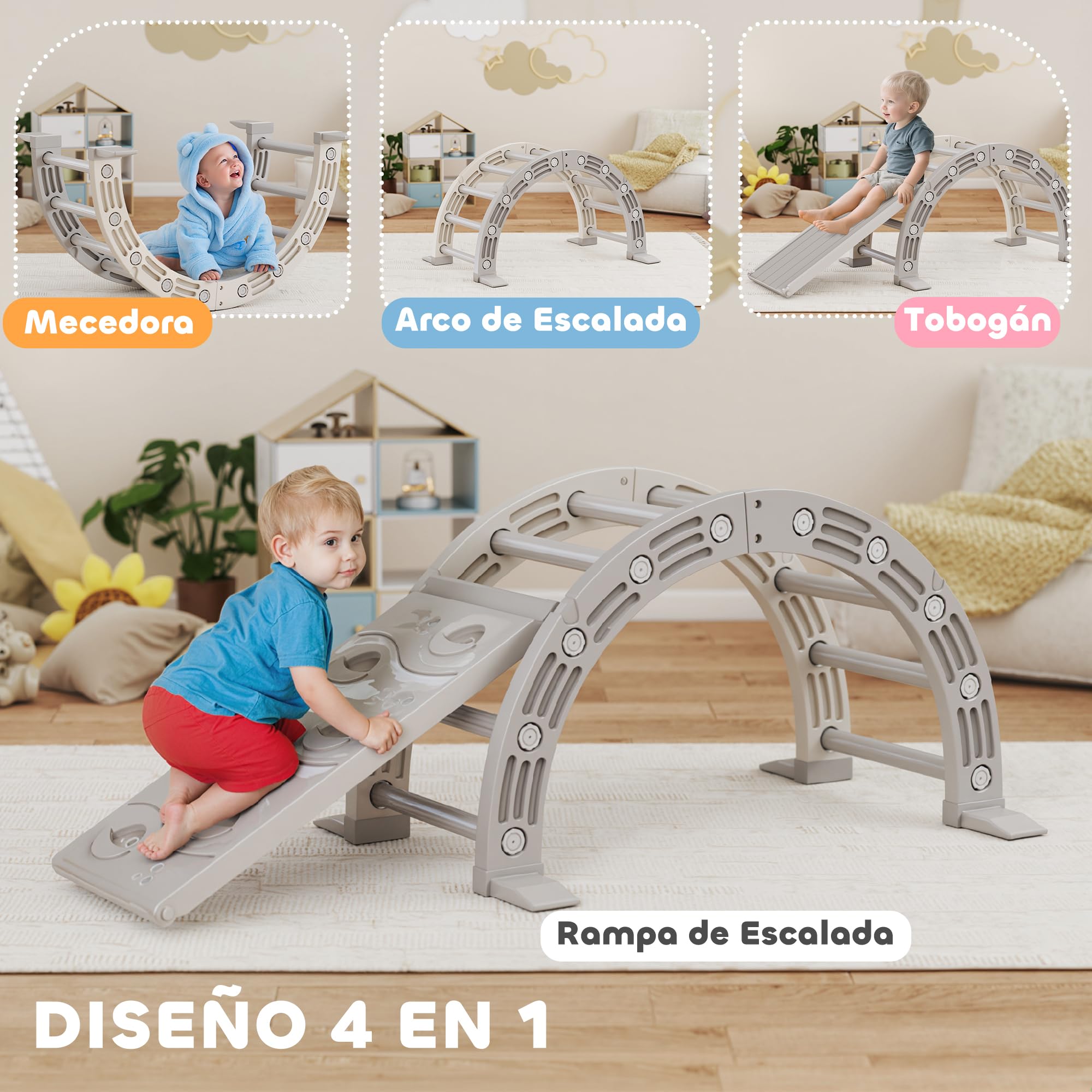 AIYAPLAY Juguete de Escalada para Niños 4 en 1 con Arco de Escalada, Mecedora, Rampa y Tobogán, Juguete de Plástico para Niños de 18-48 Meses, para Interior y Exterior, Gris y Blanco