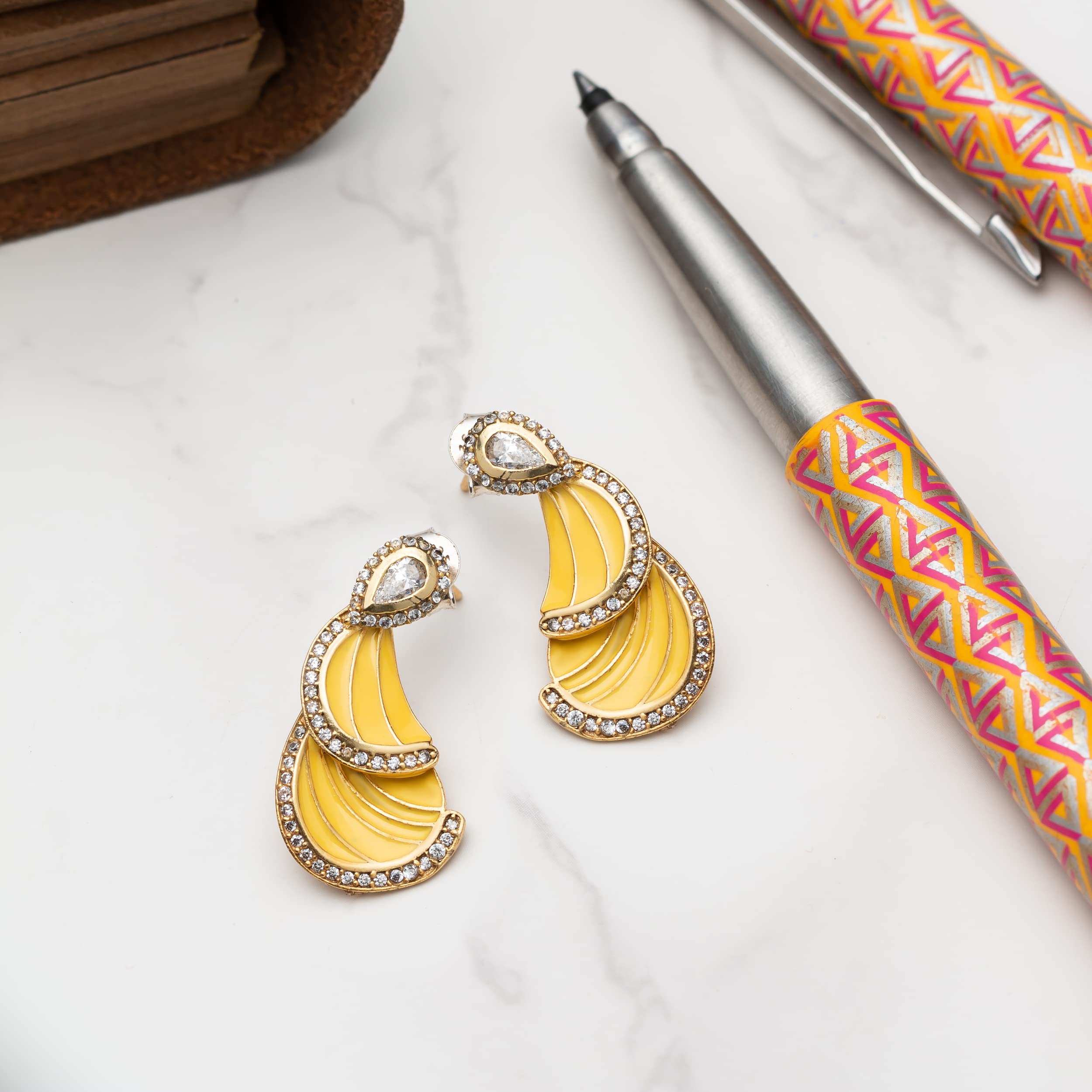 Silversmith's Studio Yellow Dragon Wings Enamel Earring Stud, Studded White Zircon, Brass, Yellow Flash Gold Plated with E-coating Designer Earring for Women