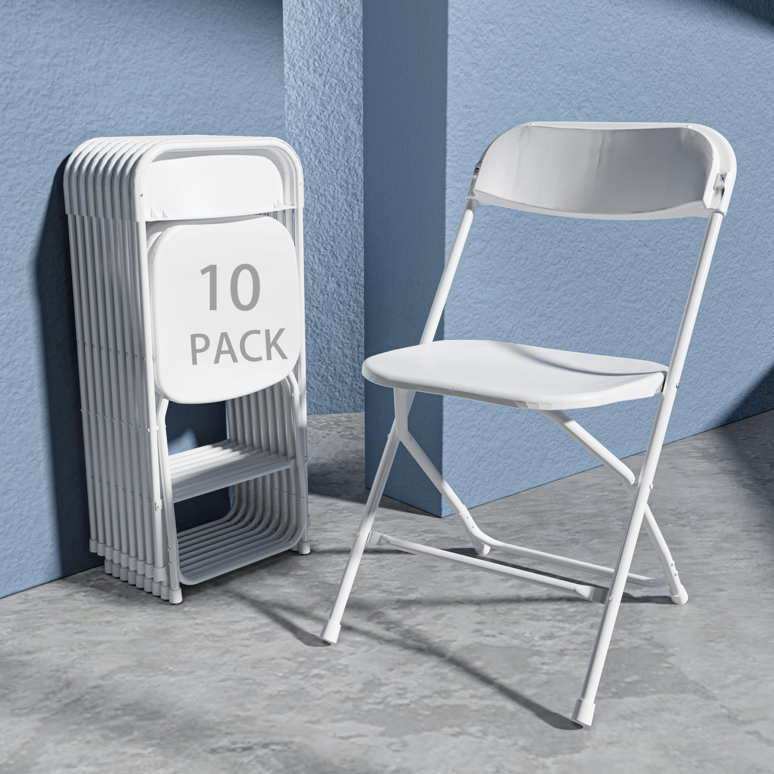 10 Pack White Plastic Folding Chair, Plastic Foldable Chair for Indoor Outdoor Use, Portable Stackable Commercial Seat with Steel Frame 350lb Capacity for Wedding Party Dining School Event