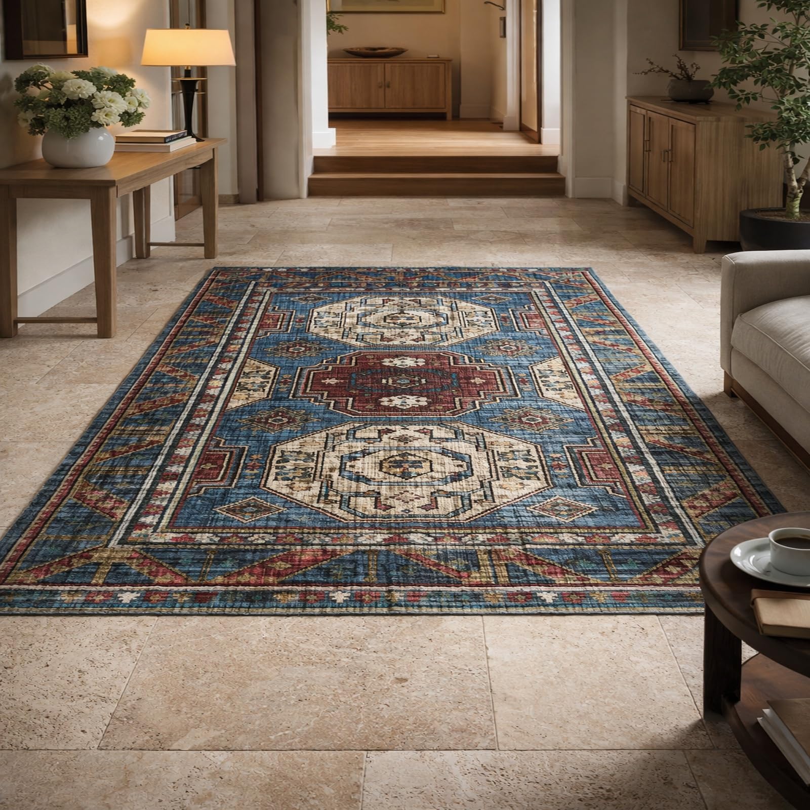 Tapis oriental bleu 120x200 anti-poussière poils ras pour salon