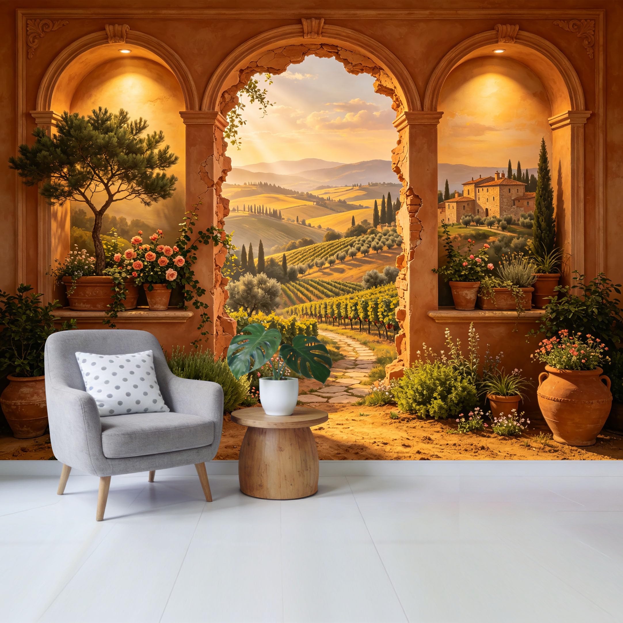 Custom Size Wall Mural Tuscan Countryside Landscape Arch Window View Removable Self Adhesive Fabric Home Wall Decor for Living Room Bedroom Bathroom