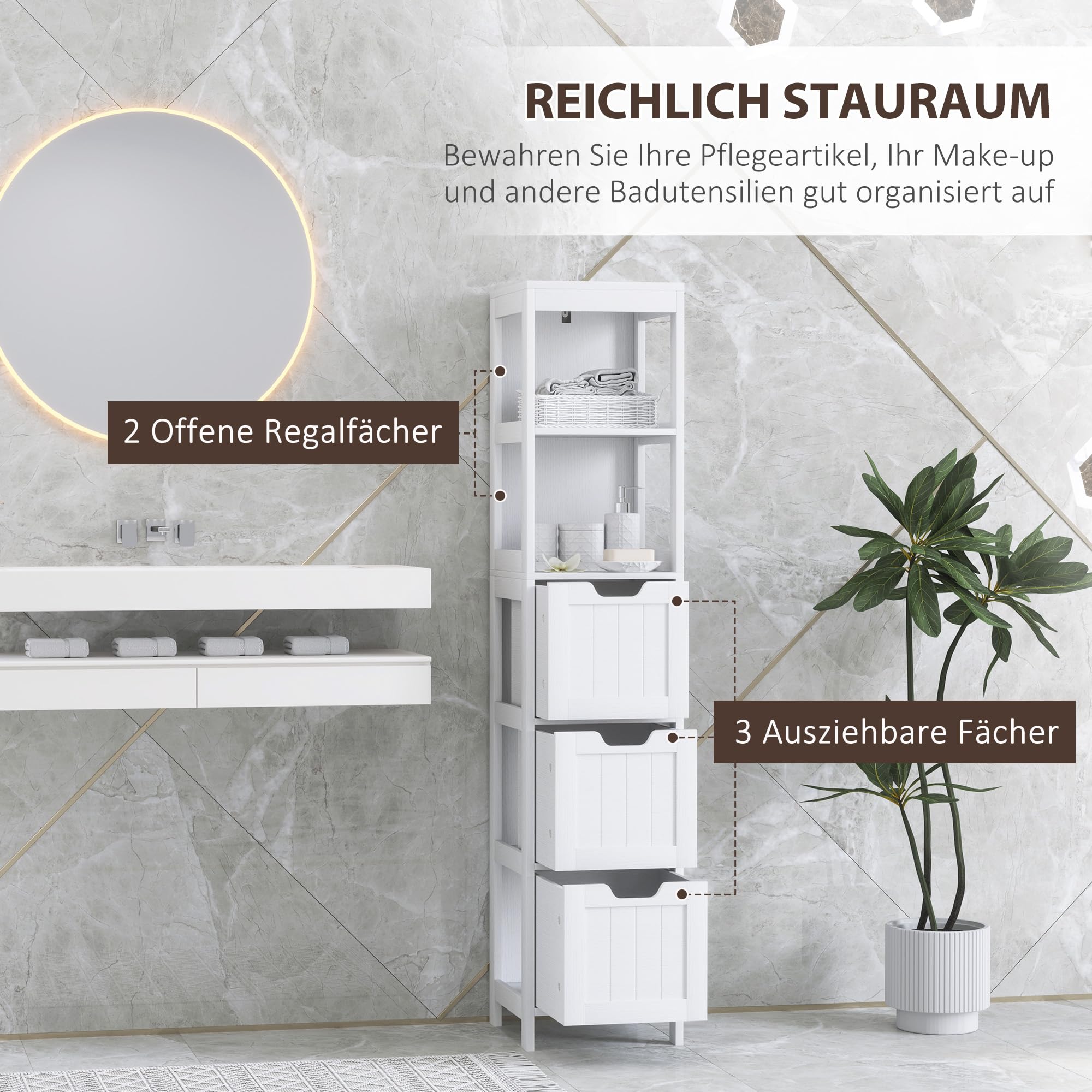 HOMCOM Badezimmerschrank mit 3 Schubladen in Weiß 30 x 30 x 142,4 cm