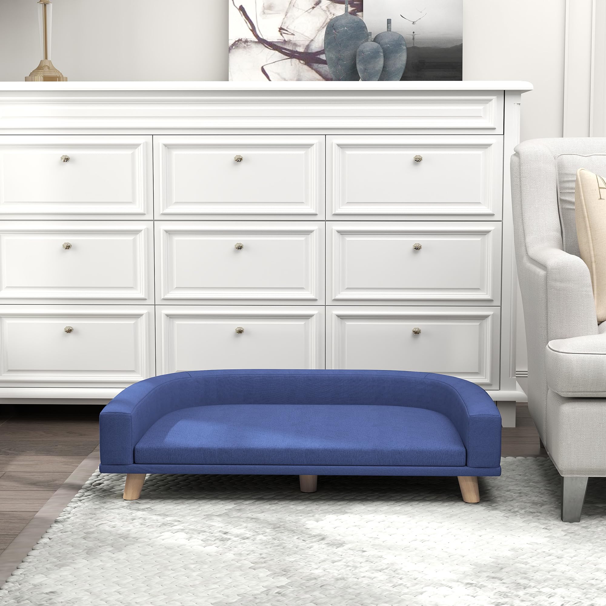 PawHut Canapé Chien, Lit pour Chien avec Coussin Déhoussable et Housse Lavable, Design Scandinave en Tissu Polyester avec Pieds en Bois, 98 x 67 x 25 cm, Bleu