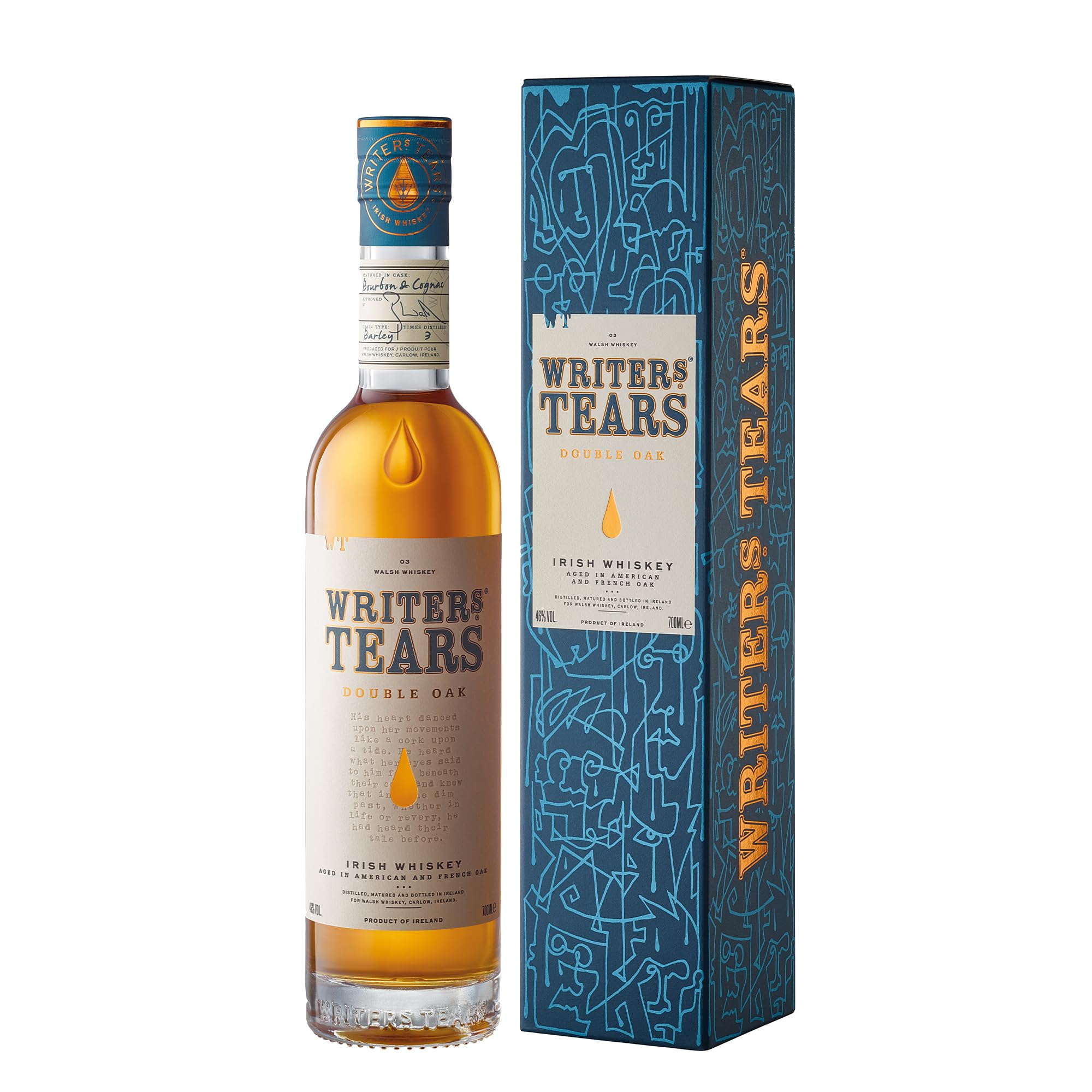 Writers’ Tears Double Oak Irish Whiskey – Single Pot Still & Single Malt Blend – Dreifach destilliert, nicht kühlgefiltert, doppelte Fassreifung in Bourbon- und Cognacfässern – 0,7 l / 46 % vol