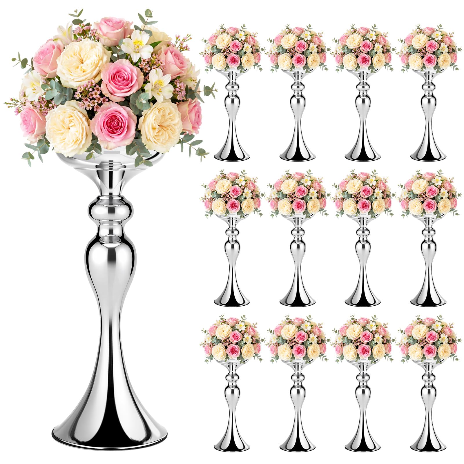 Photo 1 of Sadnyy 12 Pcs Sliver Metal Flower Arrangements Stand Tall Wedding Centerpiece Stand Table Decor Flower Vase for Wedding Reception Event Party Dinner Home Decor(12.6 Inch)