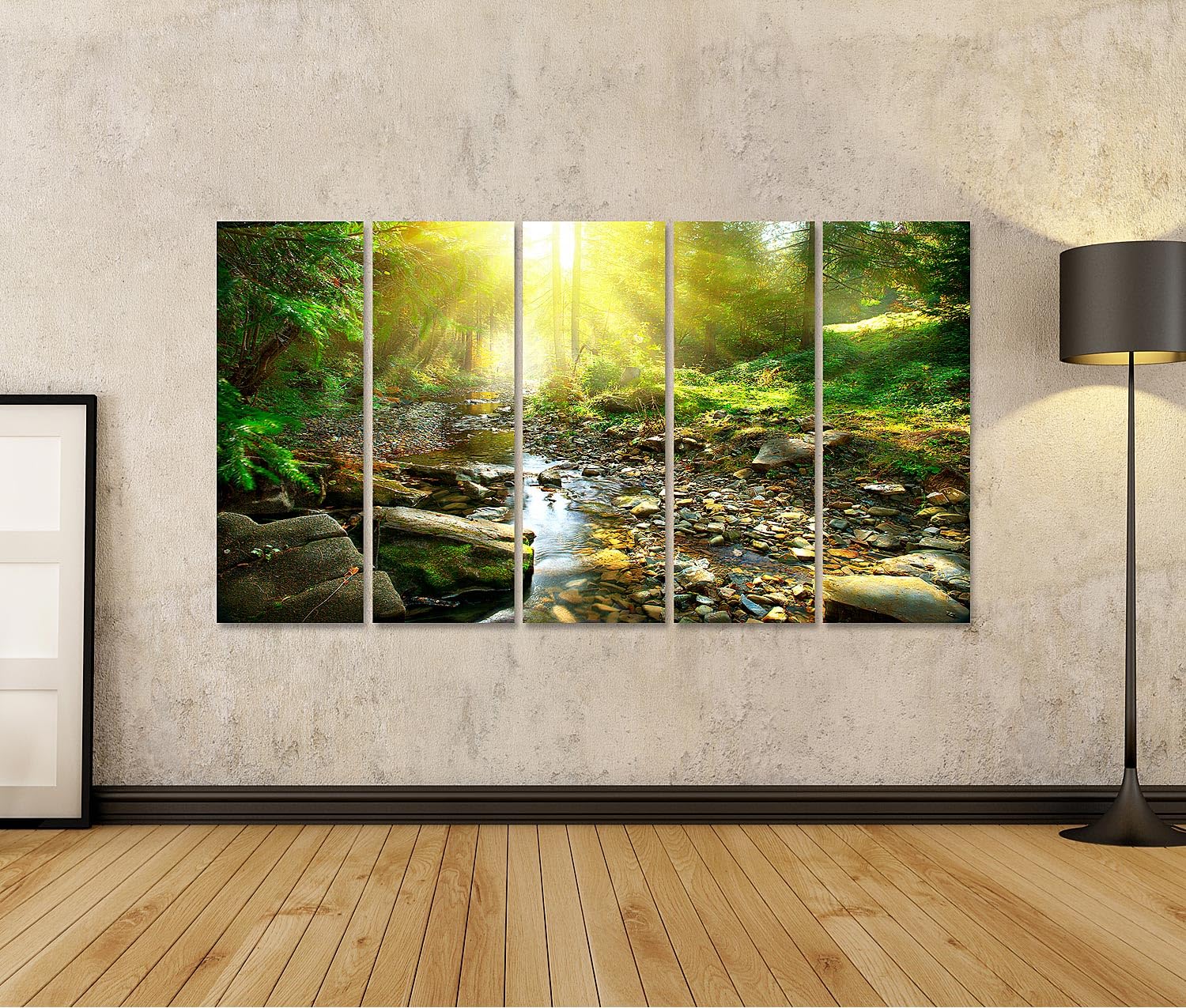 islandburner Bild auf Leinwand Verzaubernder Wald Bach Wandbild Wohnzimmer Naturidylle für Naturliebhaber - 5-teilig XXL