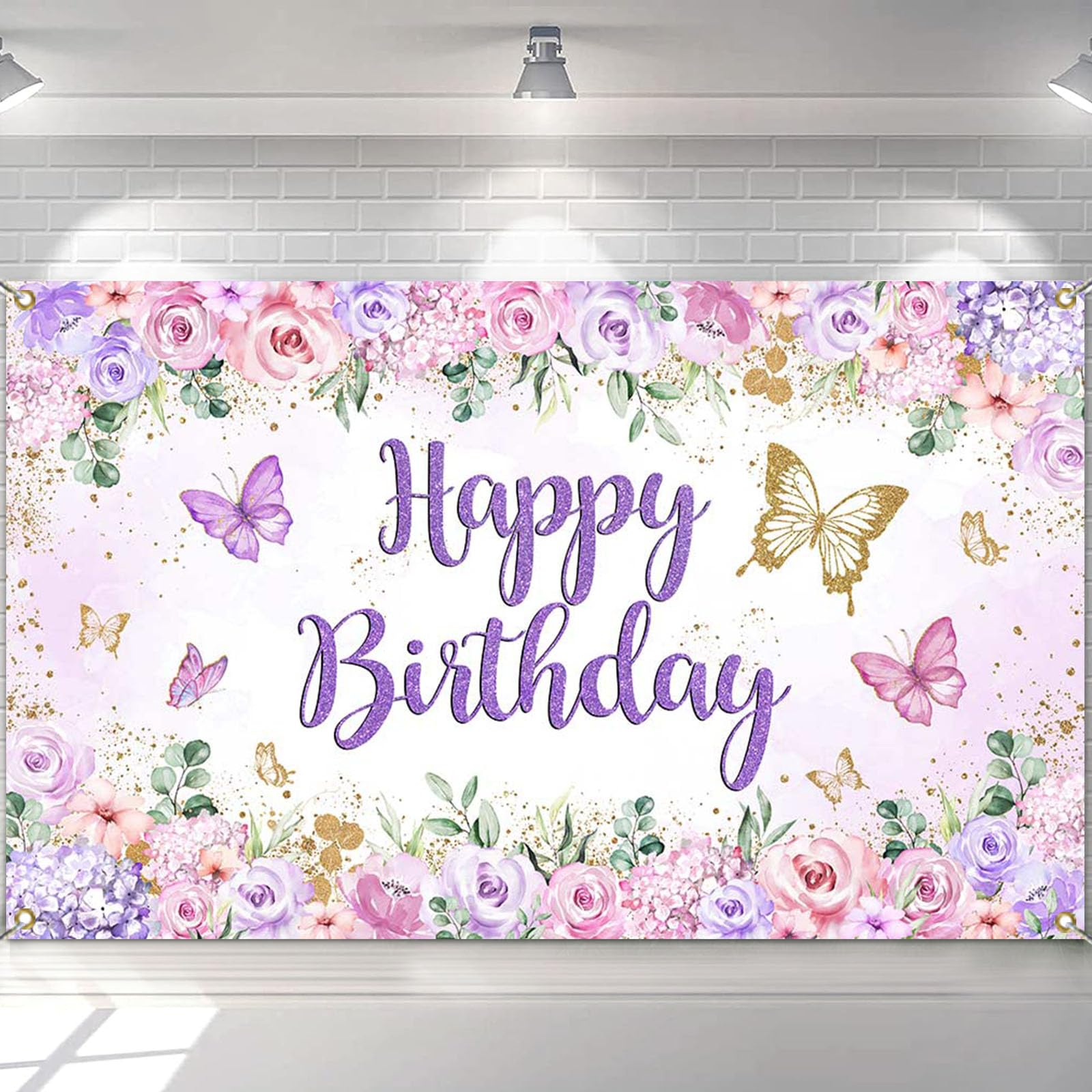 Avezano Butterfly Birthday Backdrop Banner Purple Butterfly Happy Birthday Party Banner Decorations Women Girls Floral Banners Party Backdrop Supplies 70.8 x 43.3 Inch