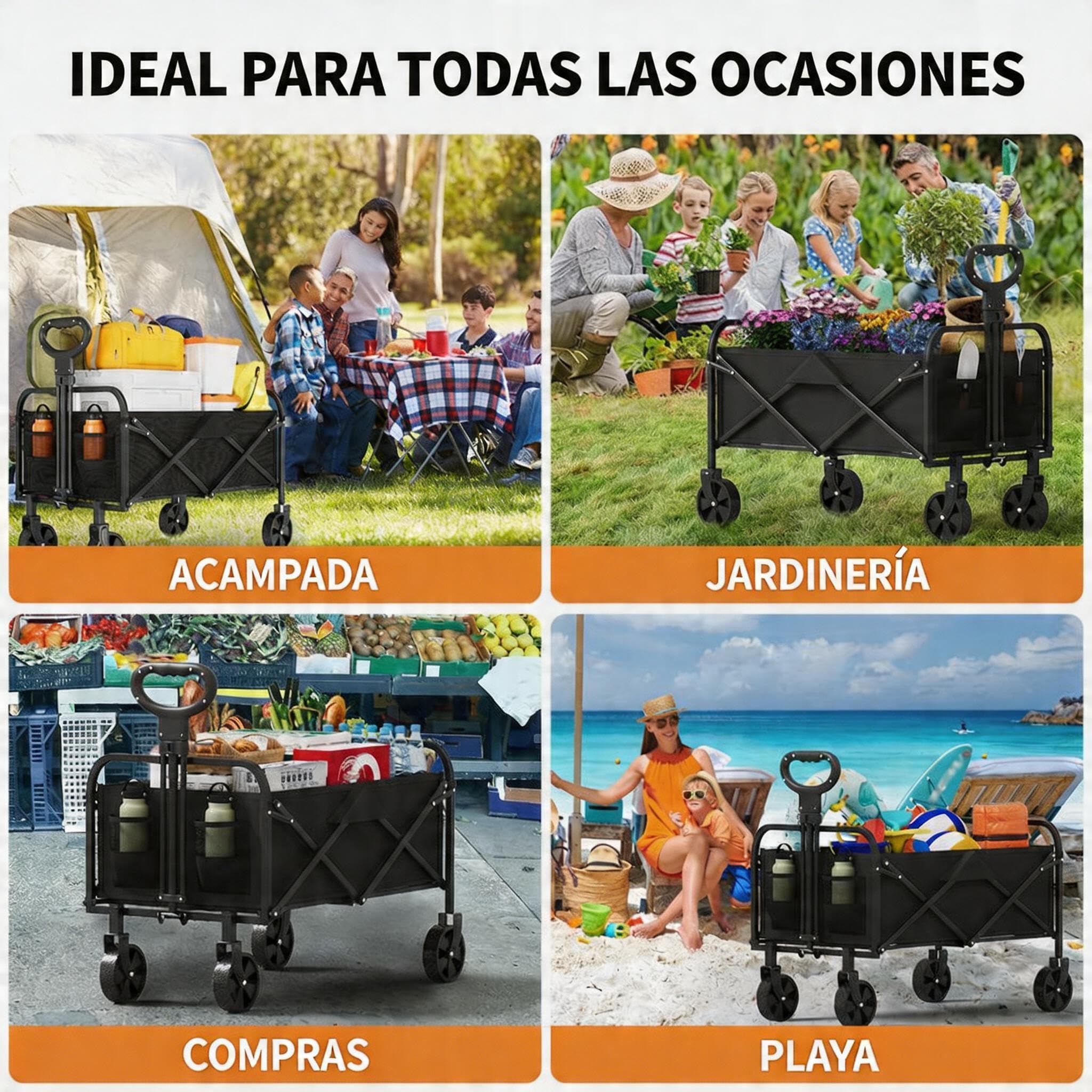 Carro Plegable con Ruedas Grandes Todoterreno - Carro Playa con Carga Máxima de 172 kg - Ideal para Playa, Jardín y Camping - Asa Ajustable - Transporte de Herramientas o Juguetes - Negro