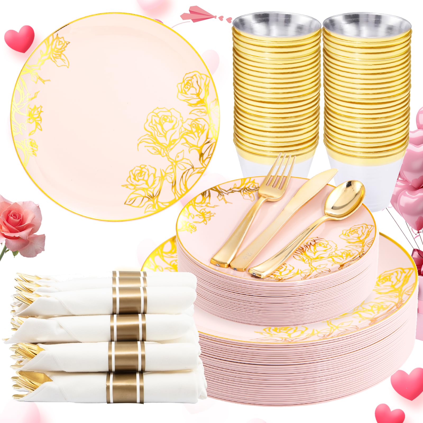 DaYammi 210Pcs Pink Gold Plastic Plates Floral Plates,Pink Disposable Dinnerware Set Includes 60 pink Plate,30 gold Plastic Silverware,30 Per Rolled