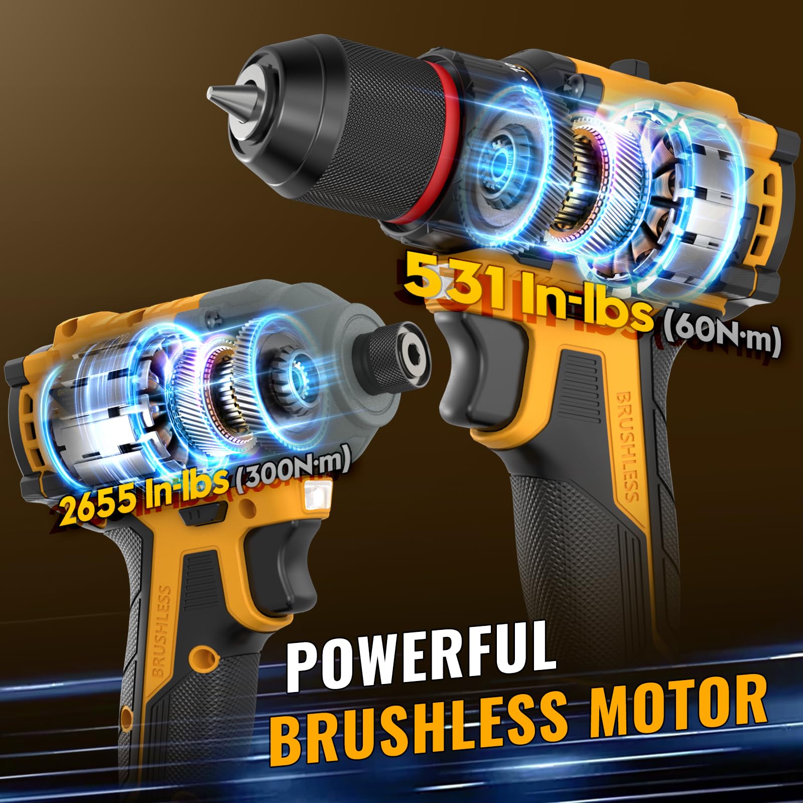 Trapano Avvitatore a Batteria 3/8" 60Nm & Avvitatore a Impulsi 1/4" 300Nm | Combo Trapano Avvitatore a Percussione con 2 Batterie da 2,0 Ah, Caricabatterie Rapido, Set Accessori da 30 Pezzi, uce LED
