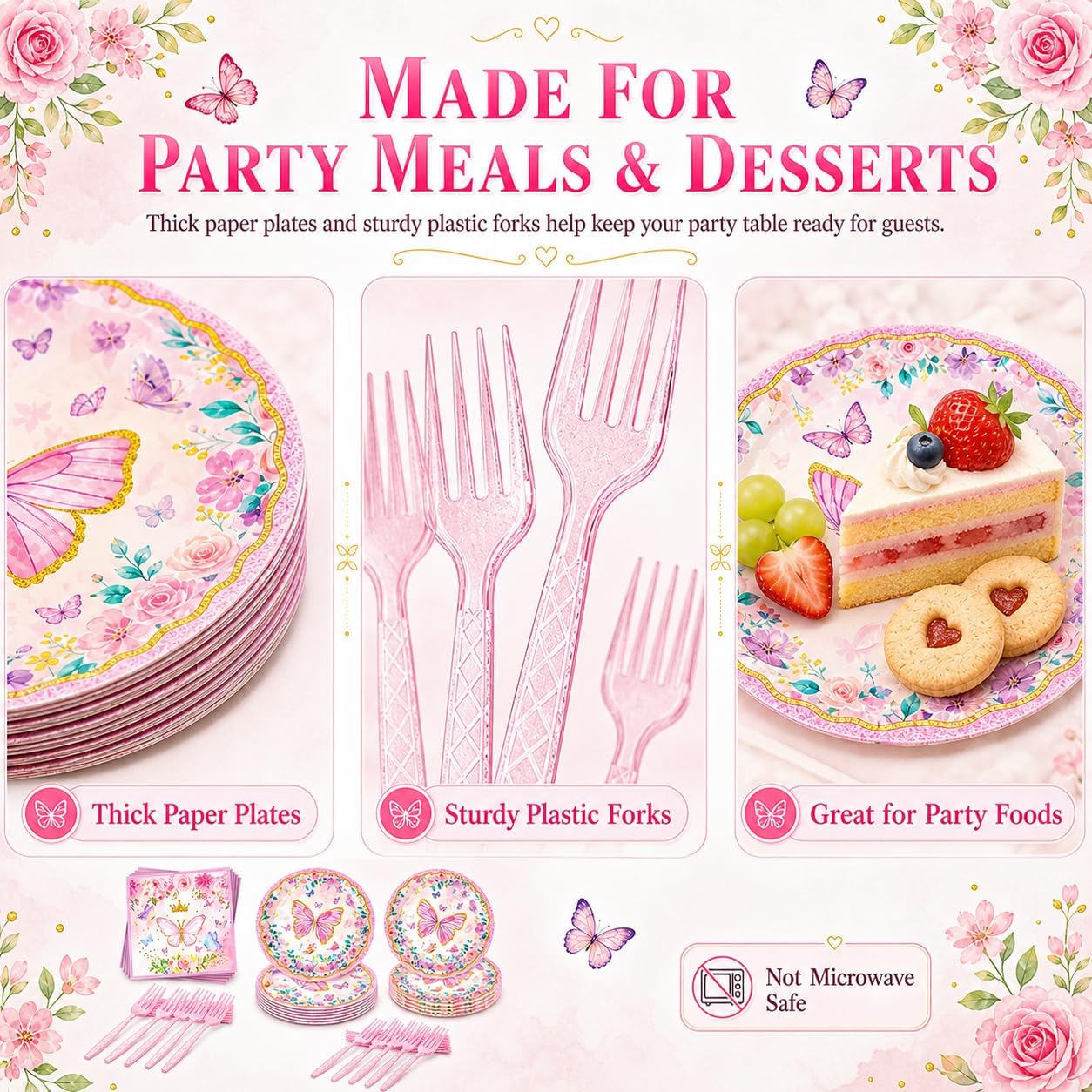 Butterfly Party Supplies for 24 Guests – 96 Pcs Pink Butterfly Disposable Party Tableware Set with Plates, Napkins and Forks, Birthday Decorations for Girls, Baby Shower & Spring Party image 5