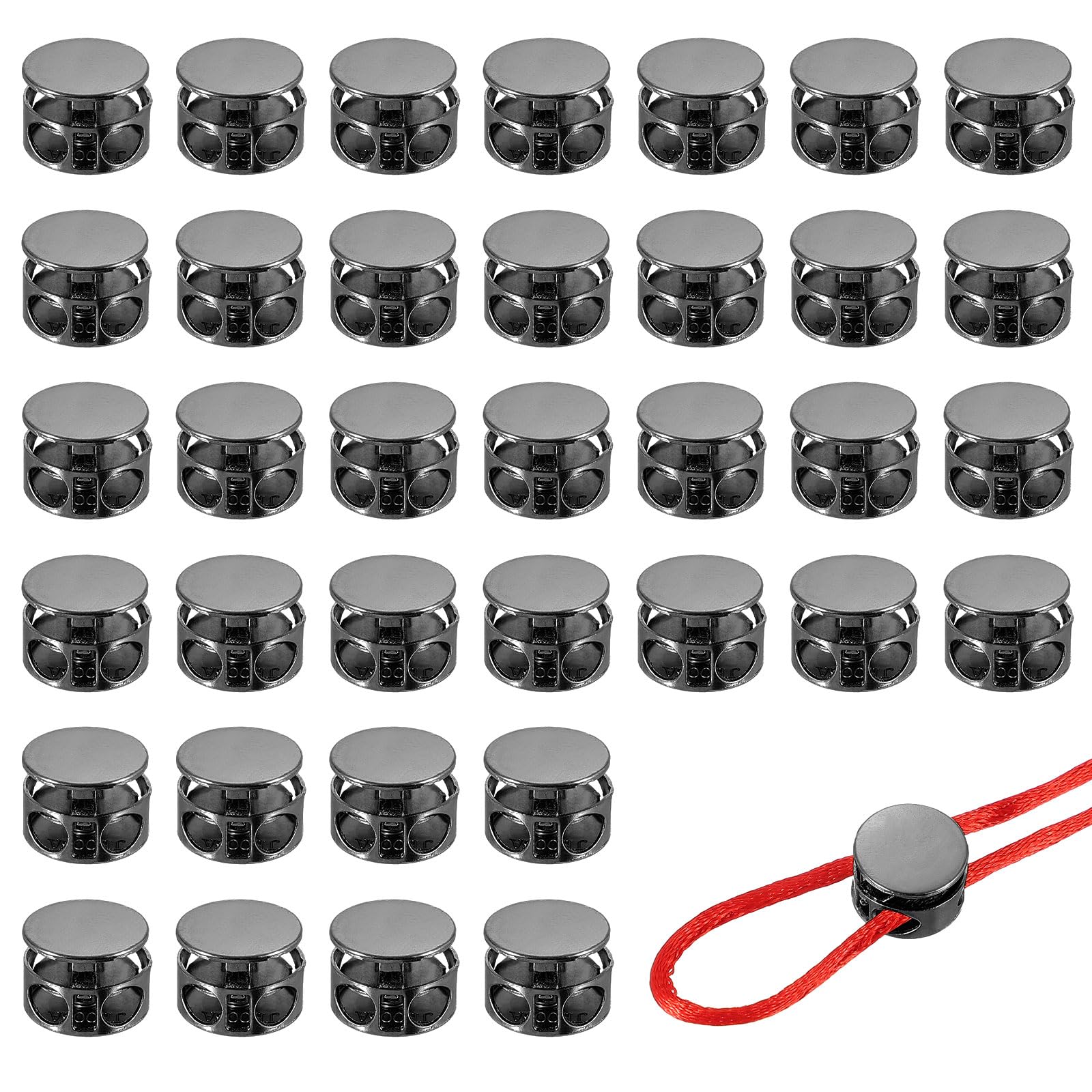 YELARXI Metal Cord Locks, Double Hole Draw String Spring Stopper Fastener Round Slider Toggles End 0.6" & 36 Pcs & Black -Fitting for (Drawstrings/Shoelaces/Backpack/Clothing/Lanyard)