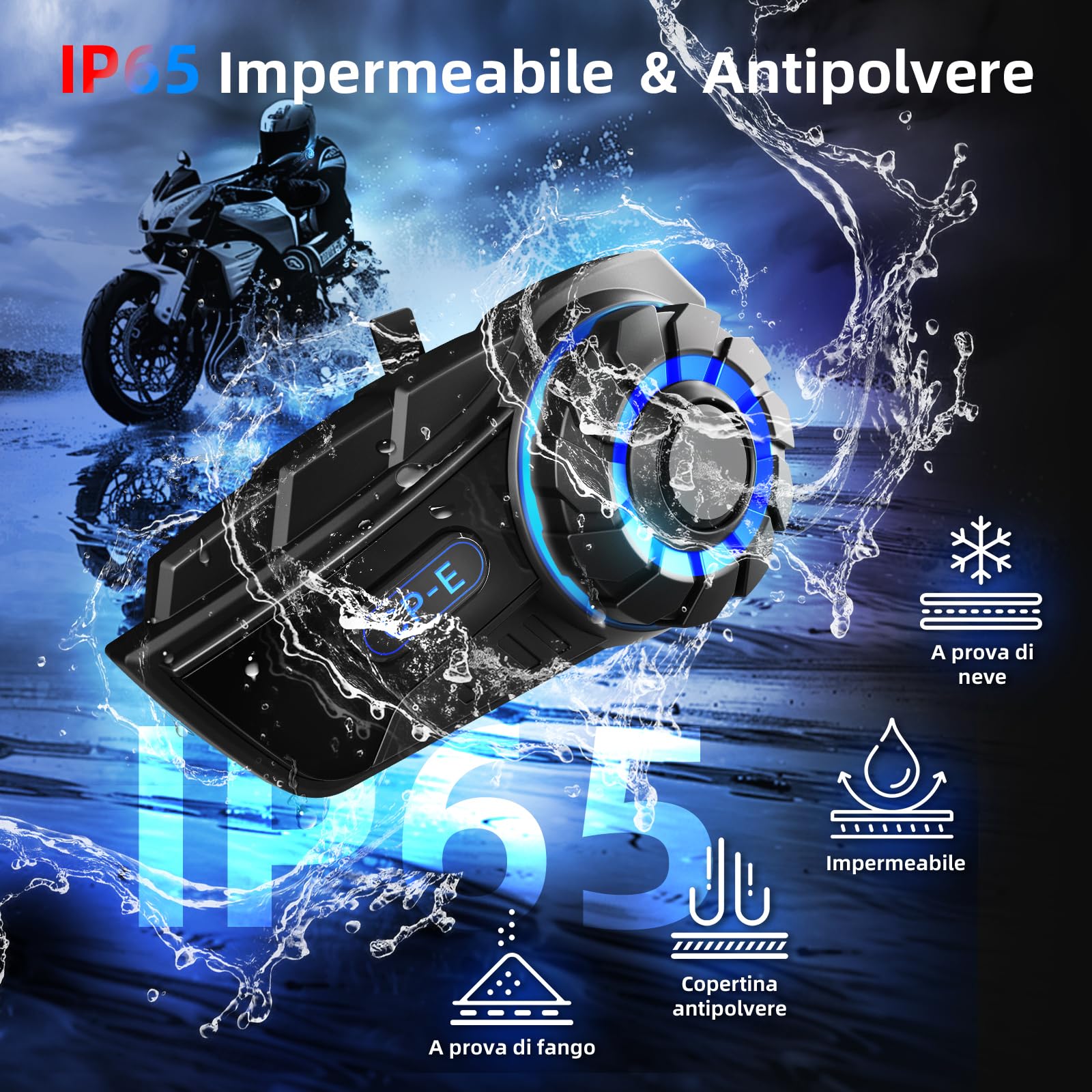 Moman Interfono Moto, CP-E Auricolare Casco Moto 6 Motociclisti 2000M Sistema di Comunicazione Connettività Universale con Cancellazione del Rumore Condivisione Musica Radio FM Impermeabile, Singolo