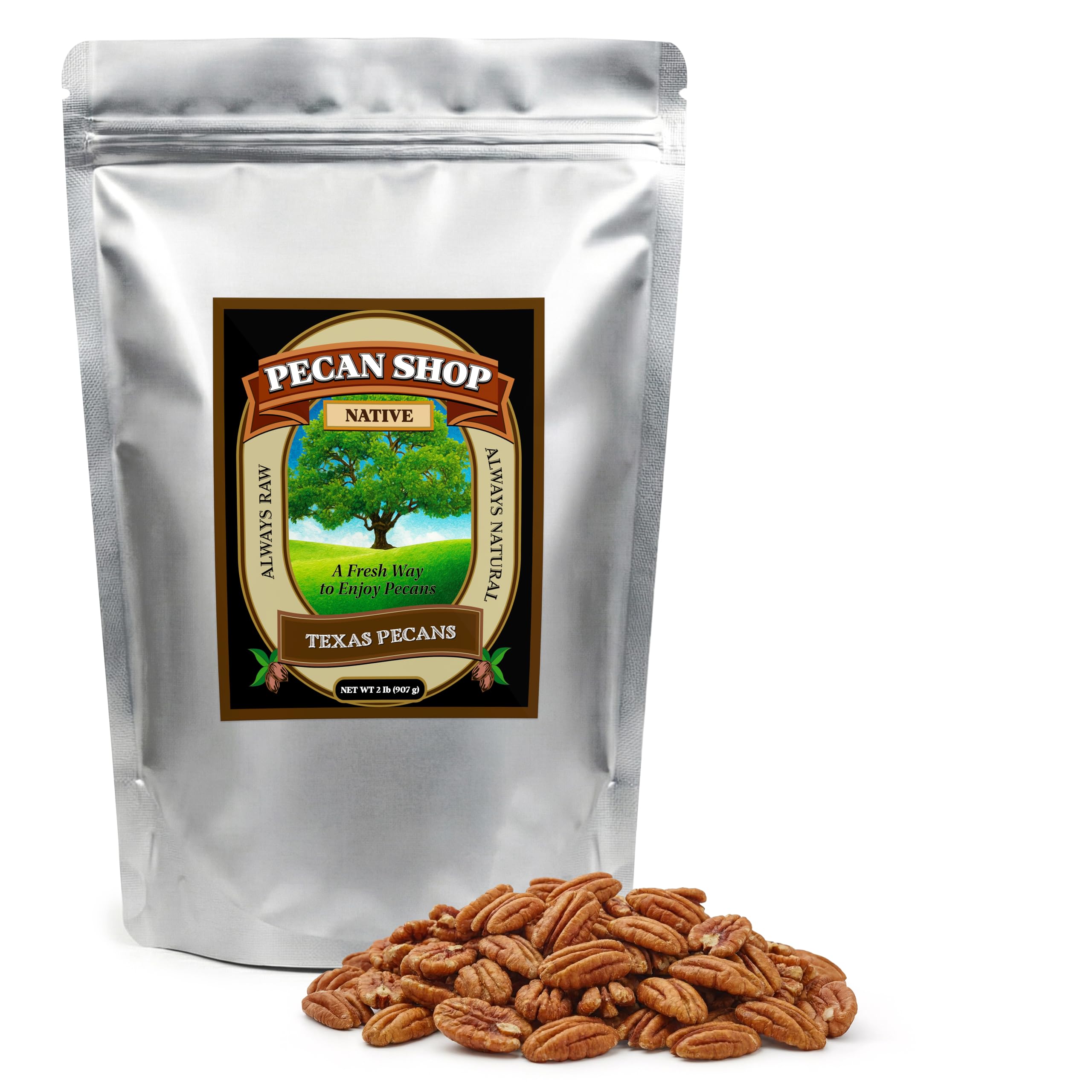 Pecan Shop Raw Unpasteurized Shelled Texas Native Pecans, Wild-Harvested and Tested Pesticide-Free Pecan Halves in Oxygen-Barrier Bag for Peak Freshness - 2 lb