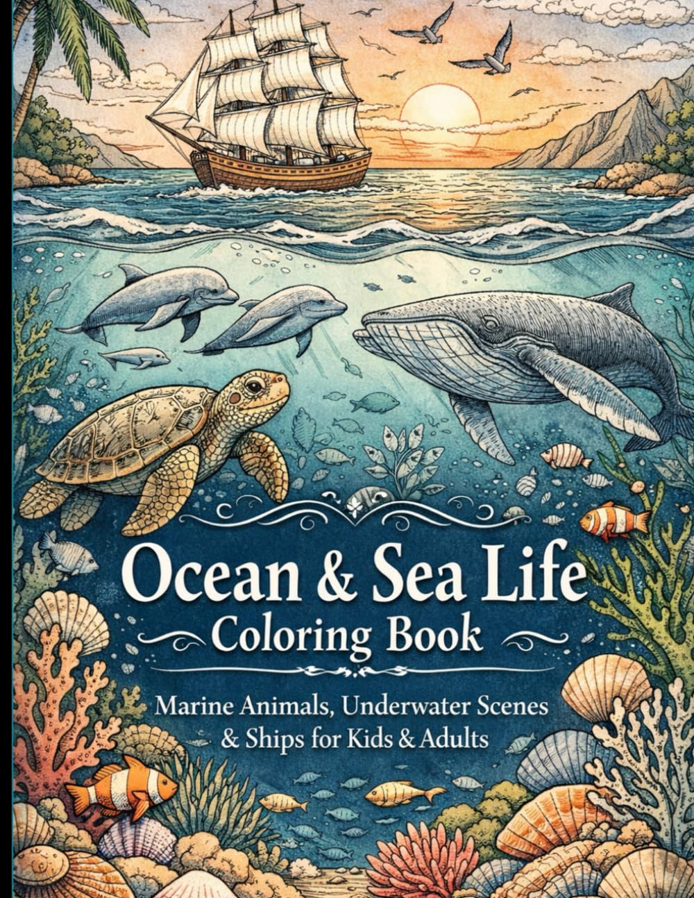 Ocean & Sea Life Coloring Book: Marine Animals, Underwater Scenes & Ships for Kids & Adults