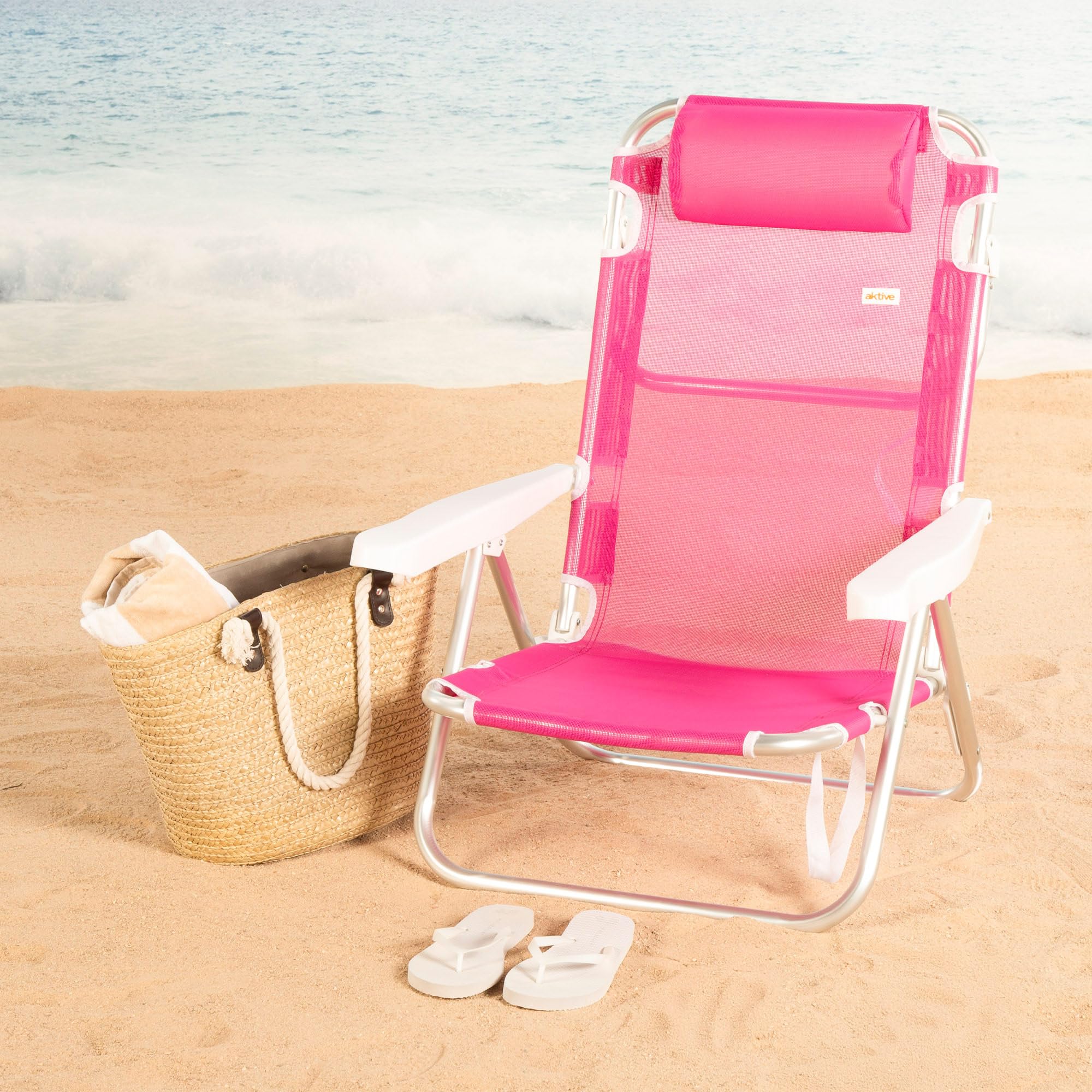 AKTIVE Lot de 2 chaises de Plage Basses Multipositions 5 Positions en textilène avec Coussin, Aluminium léger, jusqu'à 110 kg, Pliables avec poignée, Fuchsia (85524)