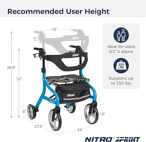 Miniatura 8 de Drive Medical - Andador plegable Nitro Sprint con asiento, andador de altura alta y ligero con ruedas grandes, andador plegable, andador de cuatro