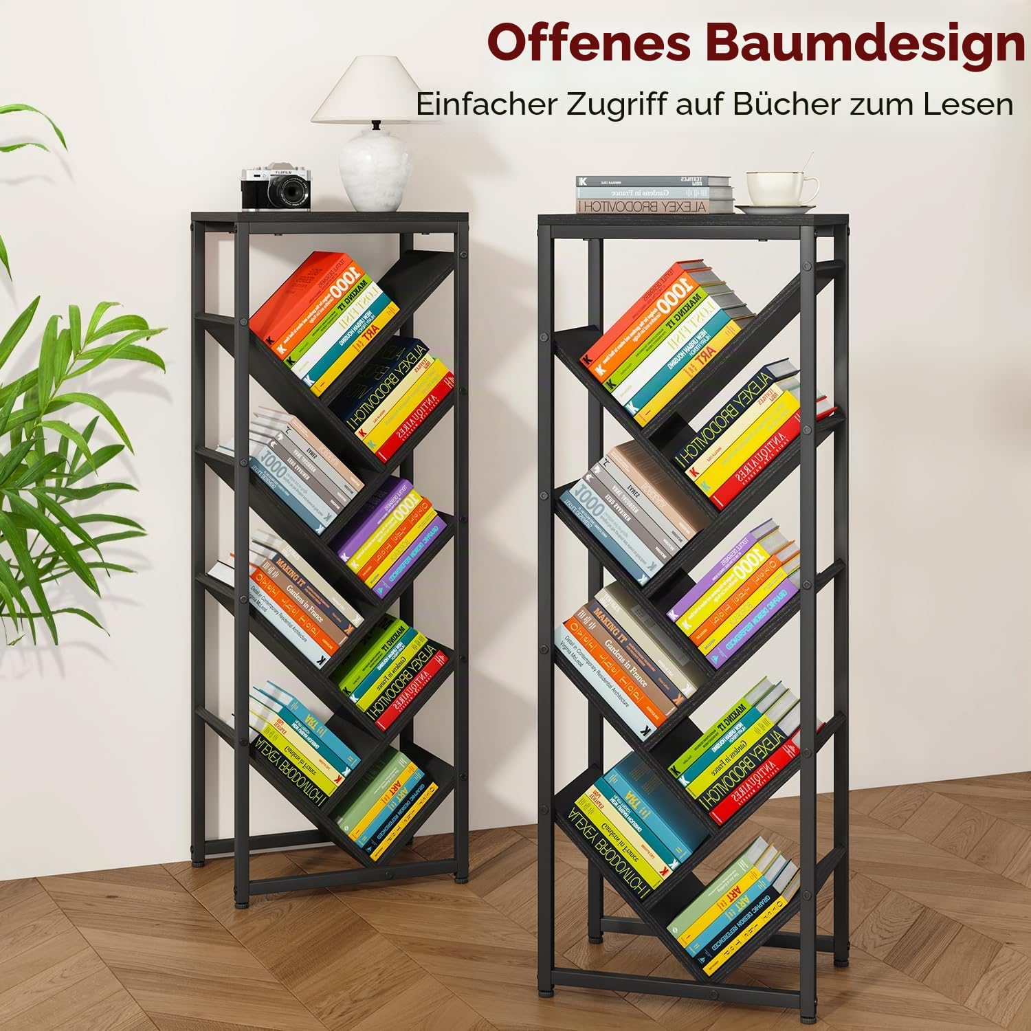 IBUYKE Bücherregal Baumform 9 Ebenen,Standregal Holz,Schwarz TBC002B