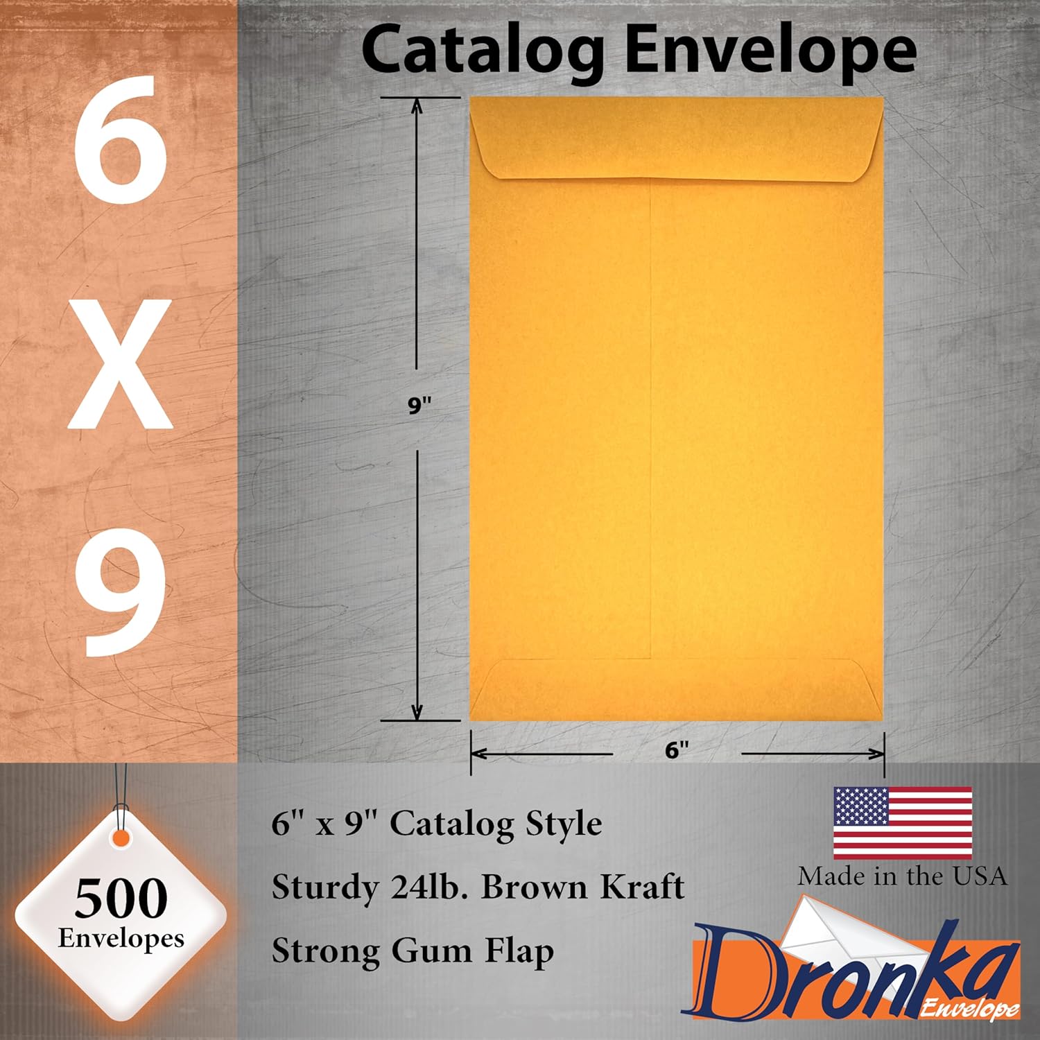 500 Dronka Envelope Catalog Envelopes, 6 x 9 Inches, Open End, Brown Kraft, 24lb Paper, Gummed Closure, 500 Count