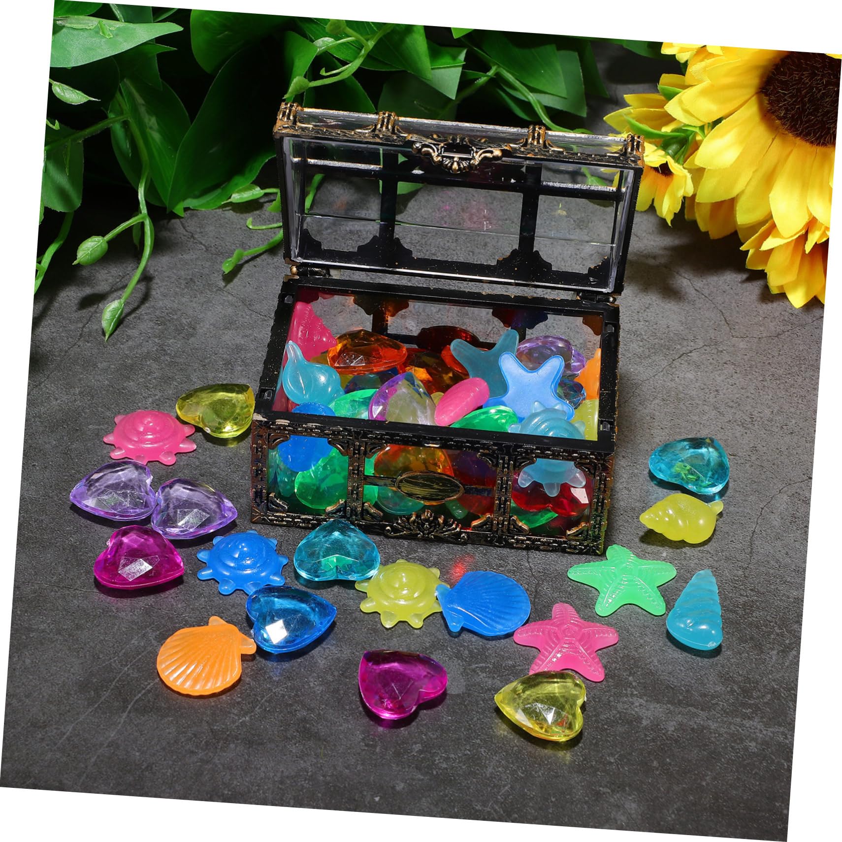 NAMOARLY 1Set Diving Gems with Plastic Treasure Chest Colorful Glowing Stones Plastic Diamonds for Pool Parties Birthday Celebrations Fun Treasure Hunts
