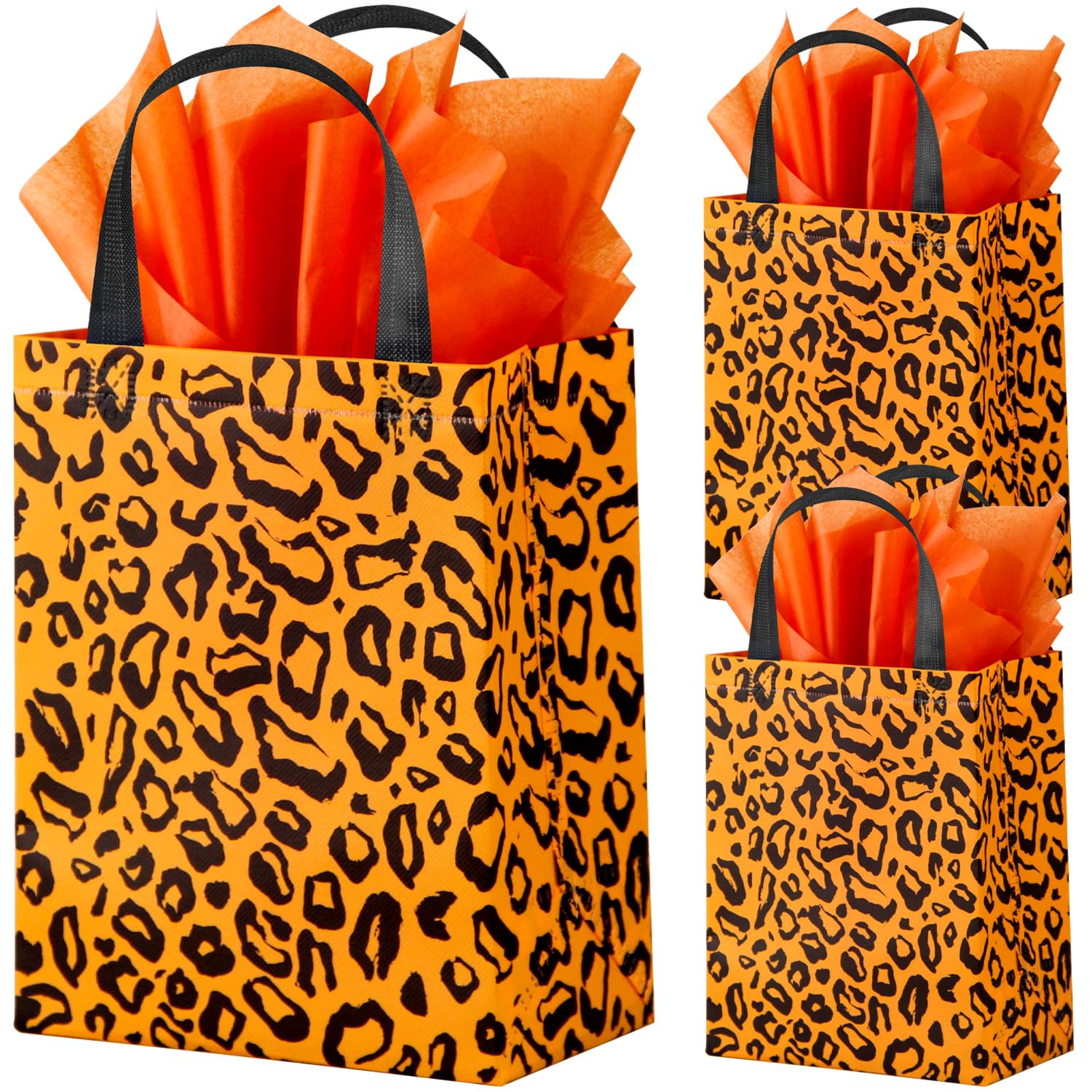 GITMIWS 16 Pack Orange Animal Print Party Gift Bags with Tissue, 9.8'' Medium Reusable NonWoven