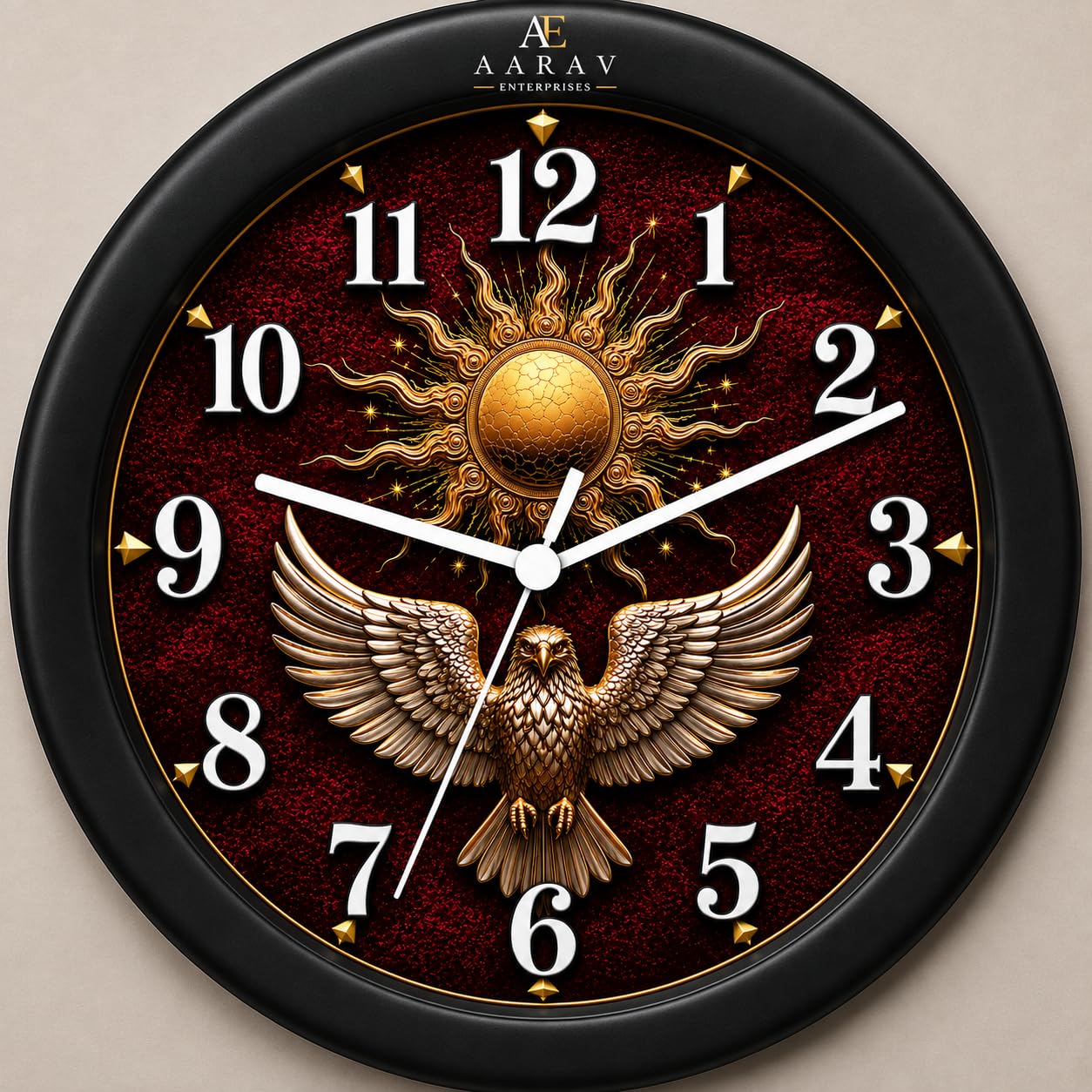 garuda pancasila wall clock features a bold eagle emblem in the center against a dark red background