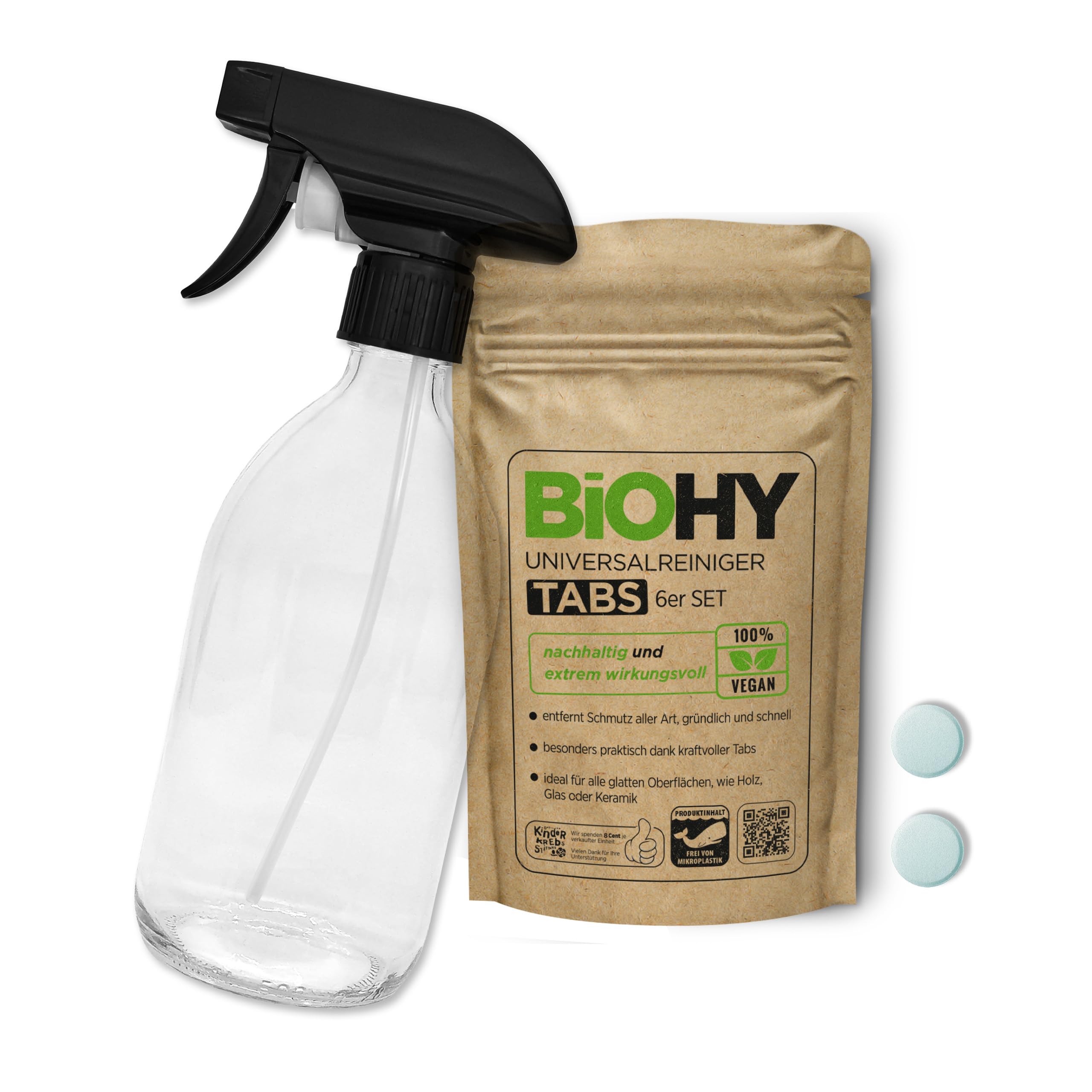 BiOHY Universalreiniger Putzmittel Tabs (6er-Set) + Glas Sprühflasche | nachhaltige Allzweck-Tabletten zum Auflösen | Haushaltsreiniger | mikroplastikfrei | Küchen-, Bad- & Glasreiniger