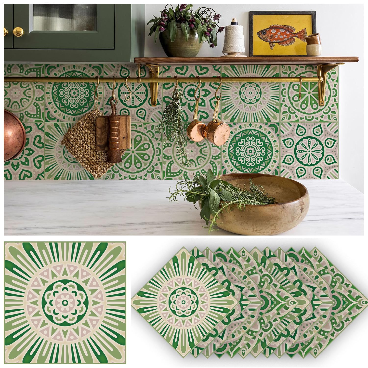 Alwayspon 12PcsX15cm/6inch Mandala Vinyl Wall Tile Sticker Transfer, Waterproof Sticky Back Tile Sticker for Kitchen Bathroom Self-adhesive Peel and Stick PVC Stick on Tile, Retro Green T058