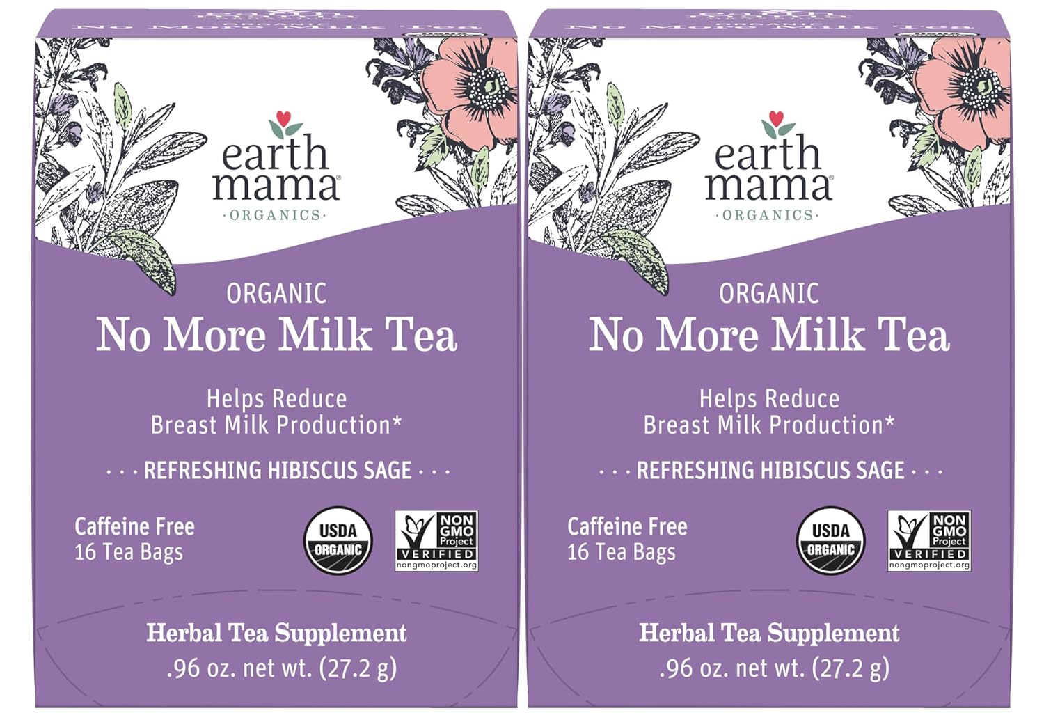 Earth Mama No More Milk Tea | Organic Herbal Tea Bags to Reduce Breast Milk Production, Stop Breastfeeding, & Wean Lactation Naturally, Postpartum Essentials, Hibiscus & Sage Decaf Tea (16-Count, 2PK)