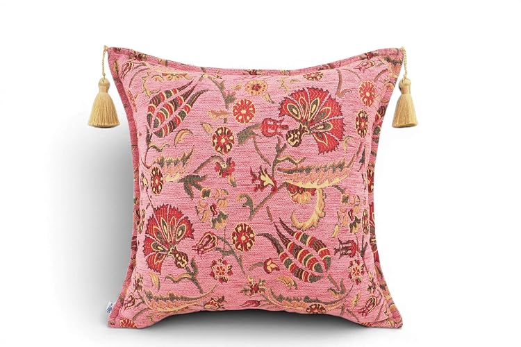 YUSUF COLLECTION - Turkish Fabric Pillow Cover 18x18, Pale Pink Boho Throw Pillow, Caucasus Carnation Pattern Decorative Sofa Accent Ethnic Cushion