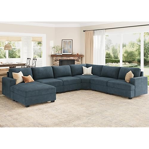 Nolany Modular Sectional Couch with Storage Ottoman, Corduroy Sectional Sofa with Chaise, U Shape Sectional Couches for Living Room, Blue