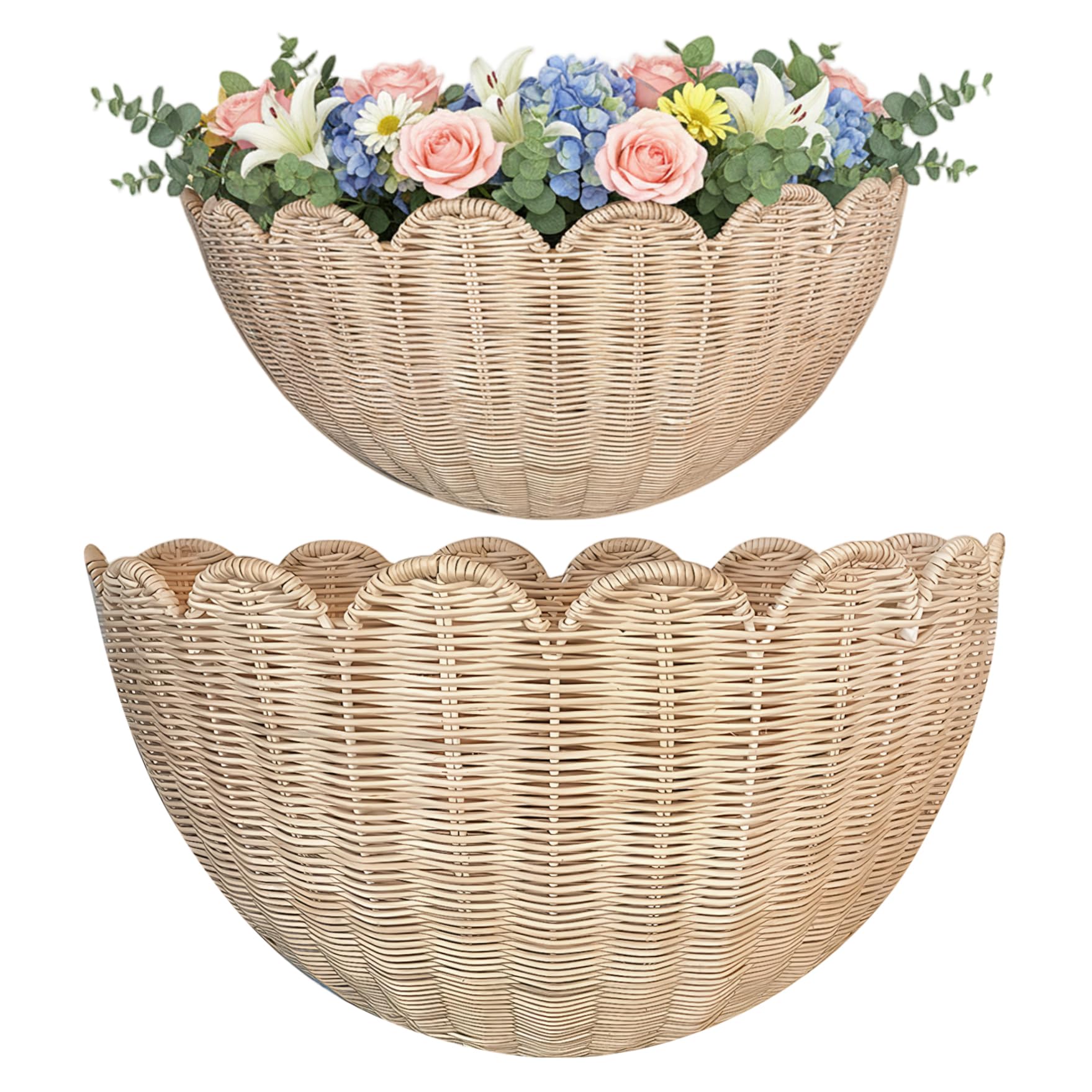 Monetais Beige 2 Pack Wall Basket Decor, Hand Woven Boho Scalloped Wall Basket Haning Rattan Storage & Decor For Home, Bathroom, Kitchen, Living Room, 2 Size