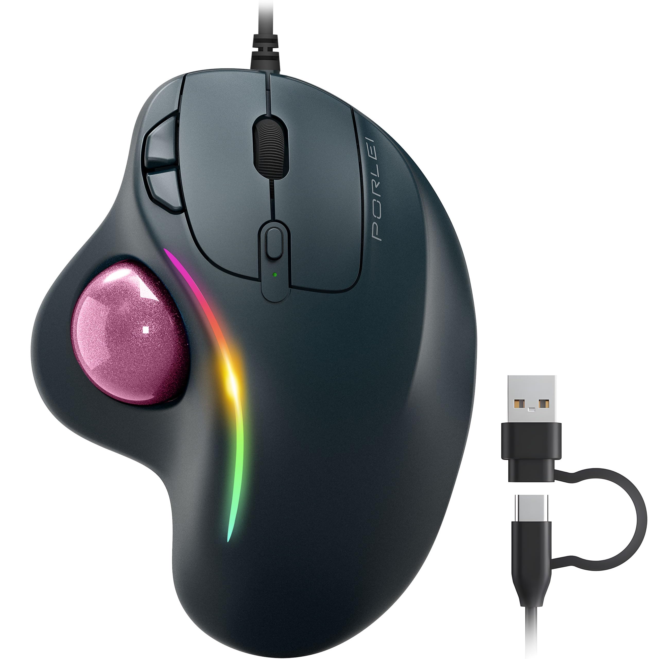 Wired Trackball Mouse with RGB Lighting Ergonomic Thumb Control to Reduce Muscle Strain 5 Adjustable DPI Dual USB-C