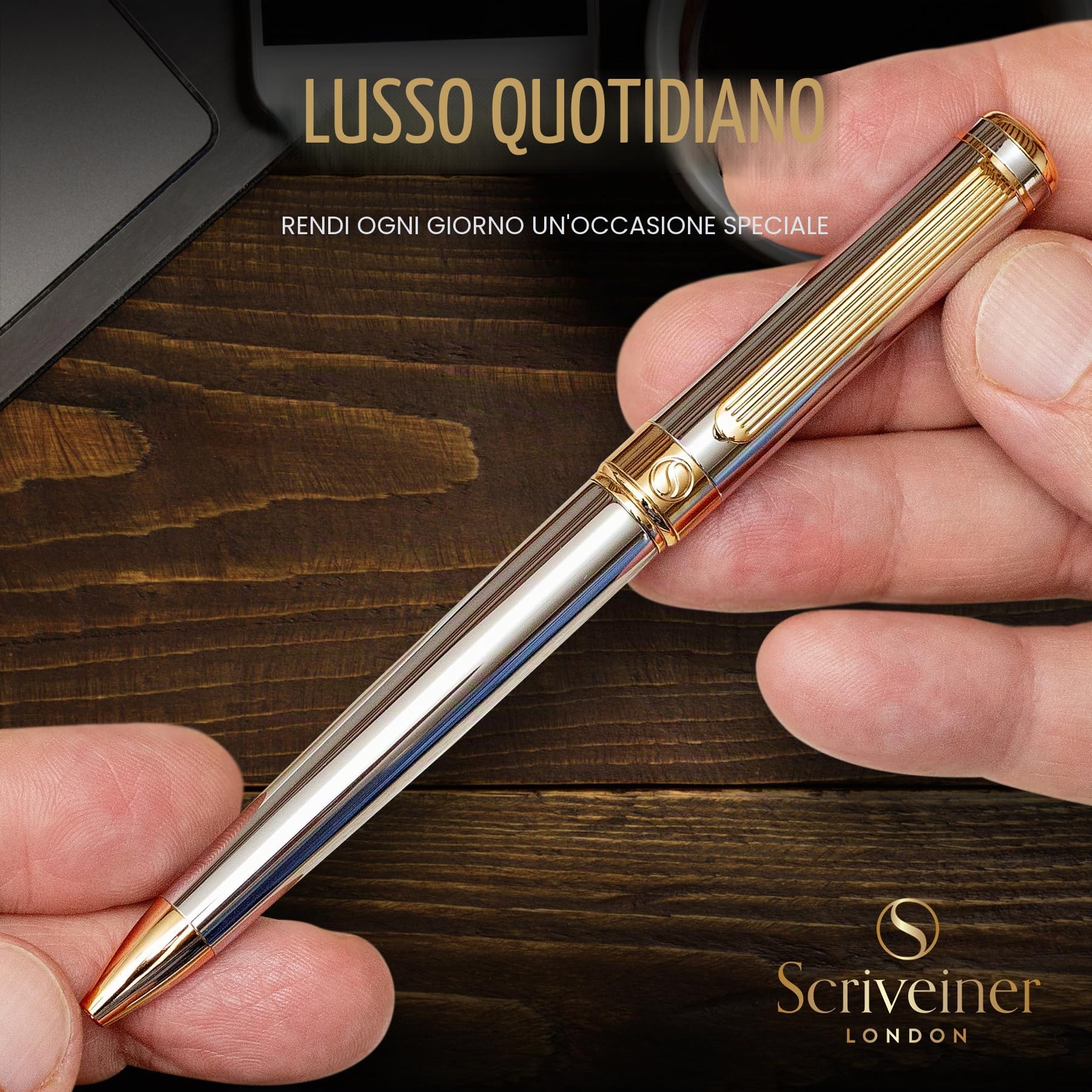 Scriveiner Pen, Splendida Penna a Sfera Cromata Silver, Finitura Placcato in Vero Oro, Refill Inchiostro Nero, Penne Eleganti, Professionali, da Ufficio, Idee Regalo per Lui e per Lei