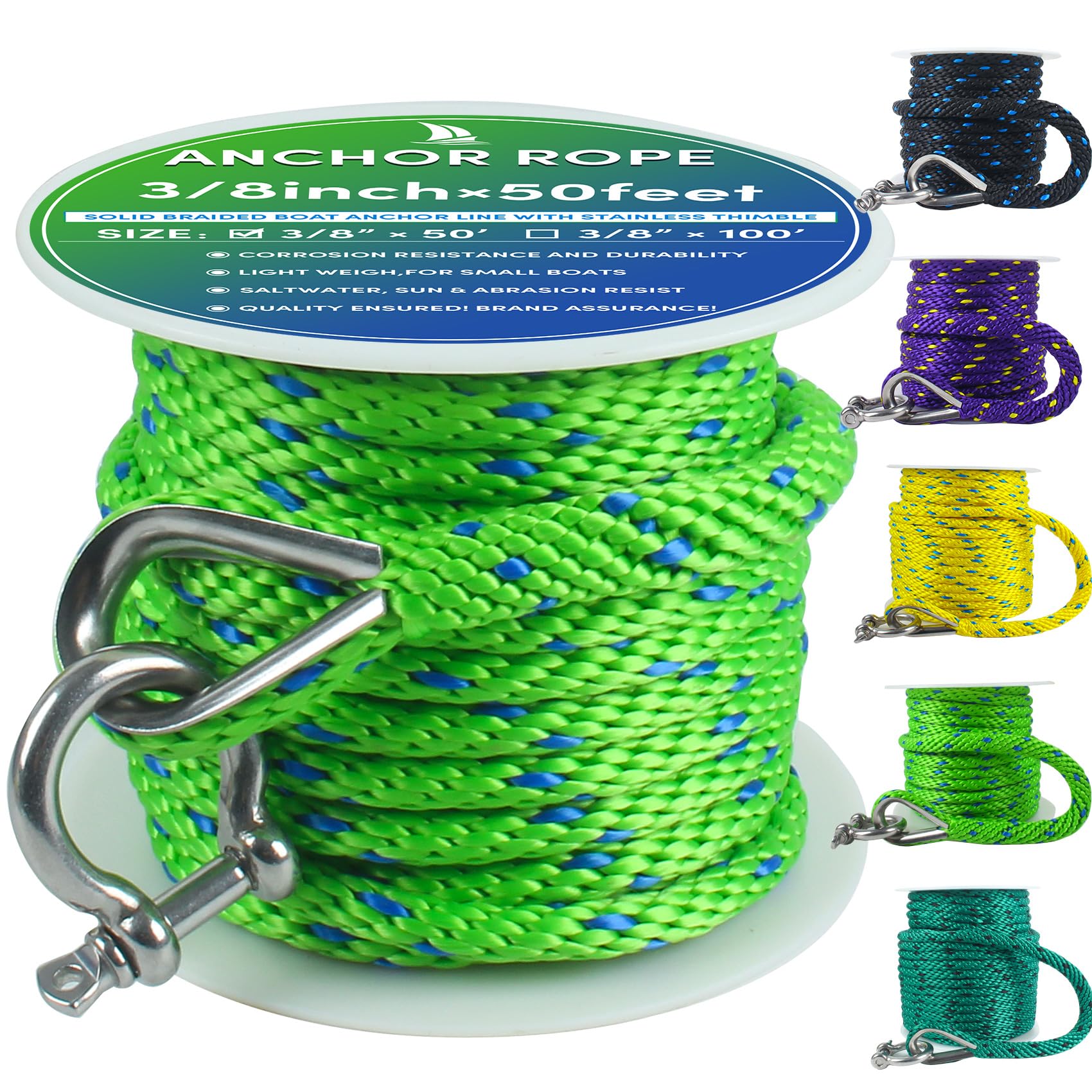 VEITHI Premium Anchor Rope 50 ft x 3/8 inch, Solid Braid MFP Anchor Line Boat Rope Marine Rope,Boat Anchor Rope with Thimble & Shackle - Neon Green/Blue, MS-JGD-024