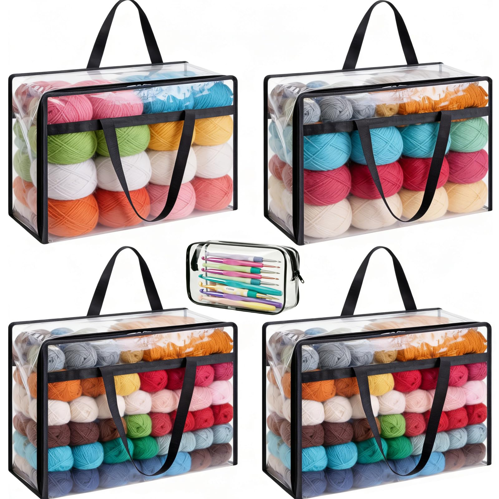 4 Pezzi Organizer per Filati + Borsa per Uncinetto, 46 x 38 x 23cm Grande Borsa Porta Lavoro a Maglia, Borsa Trasparente per Lana con Doppia Cerniera e Maniglia, Organizzatore Portatile