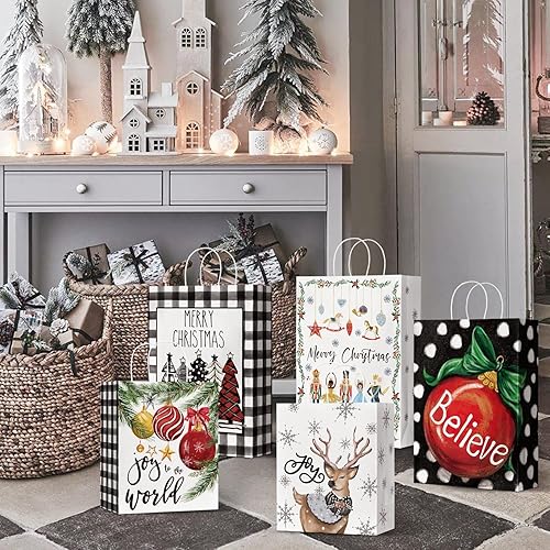 Miniatura 6 de Horaldaily 24 bolsas de papel de regalo de Navidad a granel con asas para envolver regalos de Navidad (6 jumbo, 6 grandes, 6 medianas, 6 pequeñas)