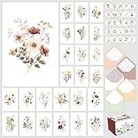 Decorably 50-Pack 4x6 Floral Blank Note Cards with Envelopes & Stickers - 25 Folded Designs for Birthdays, Weddings, Thank Yous