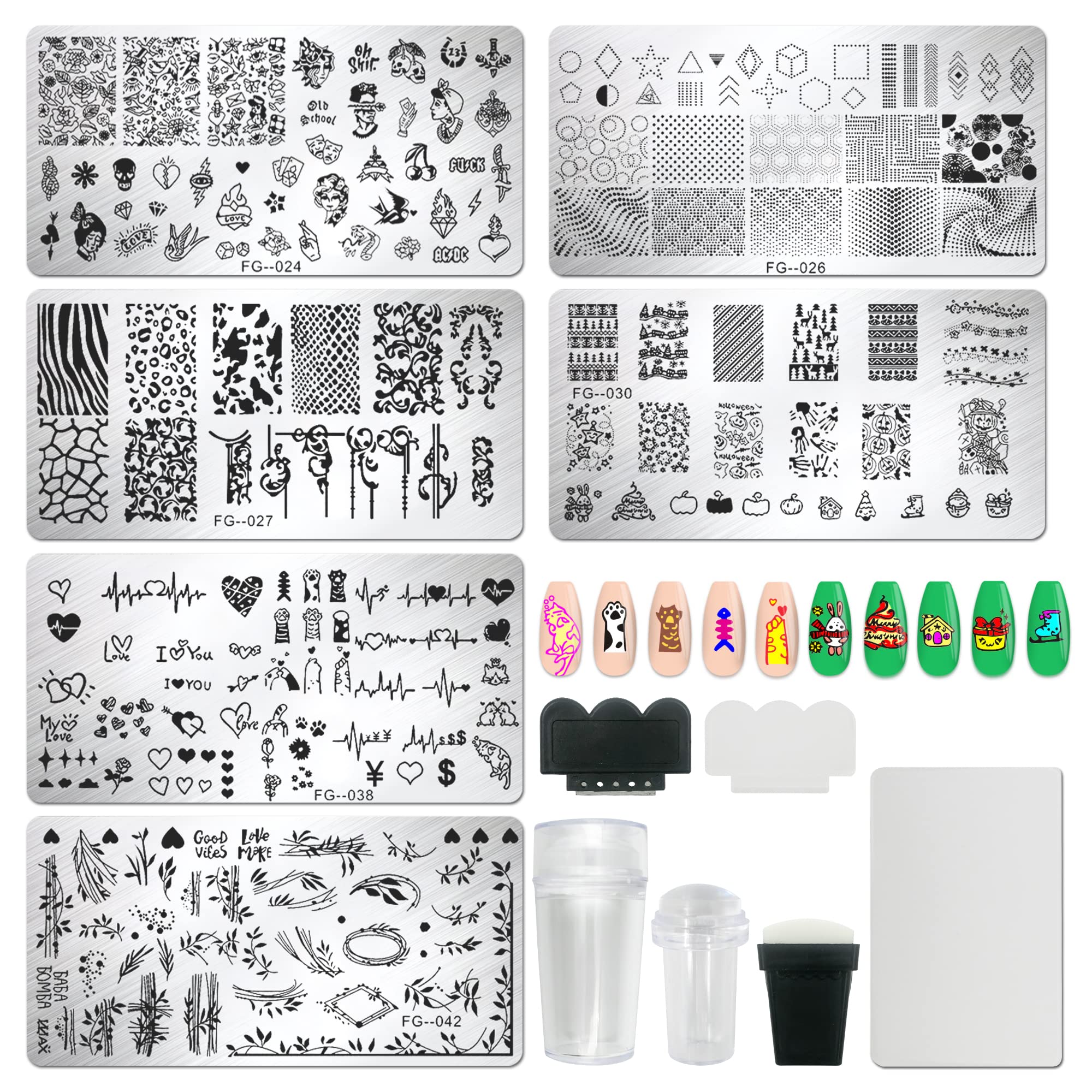 AddFavor 6pcs Nail Art Stamper Kit Flower Leaf Heart Simplicity Nail Stamping Plates with 3 Stamp and 3 Scraper for Home Salon Manicure Design Tools