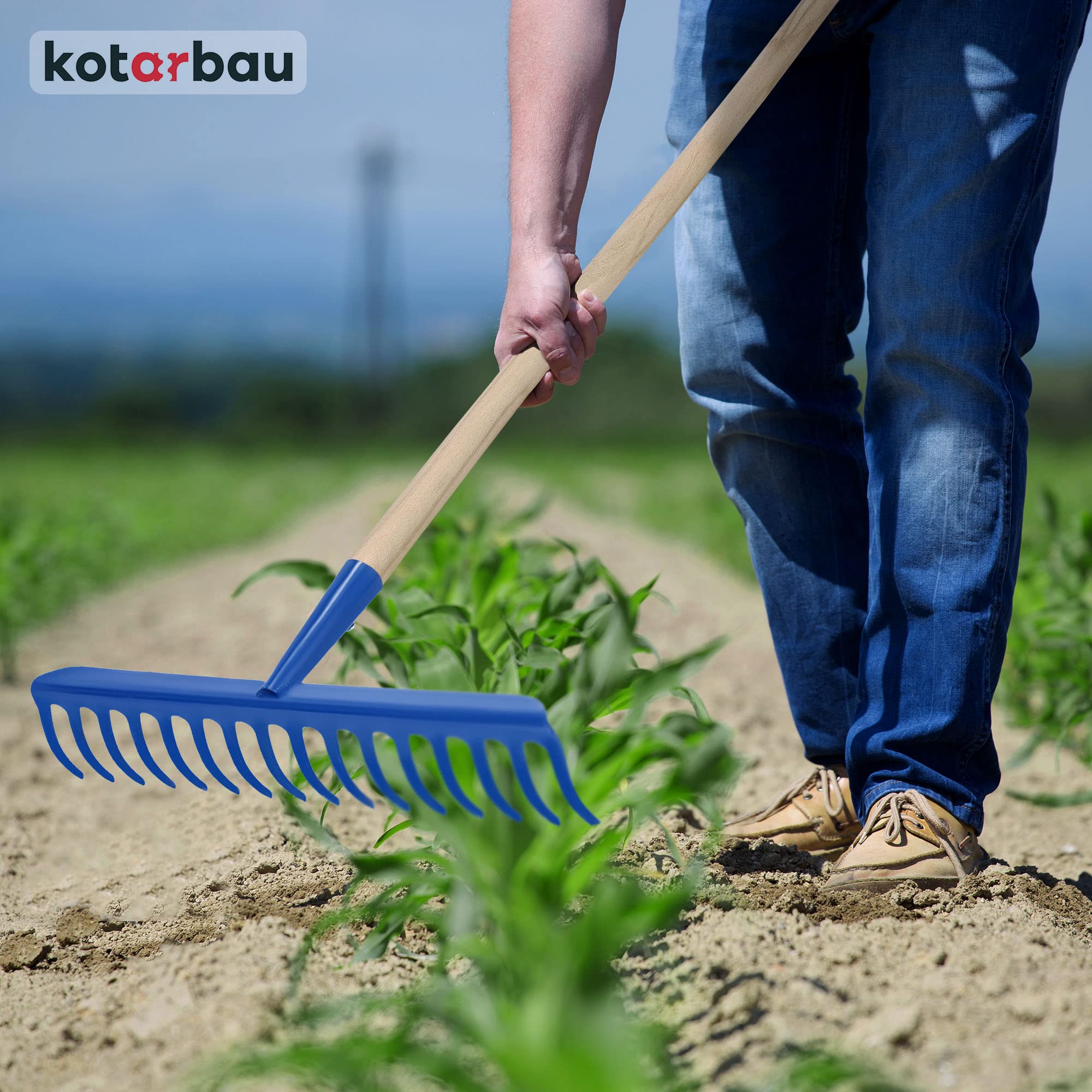 KOTARBAU® Rastrillo Jardin - Acero - 36 cm - Azul Marino - Rastrillo Hojas Jardin - con Mango de Madera 136 cm - 14 Dientes - Herramienta para Cesped y Jardineria