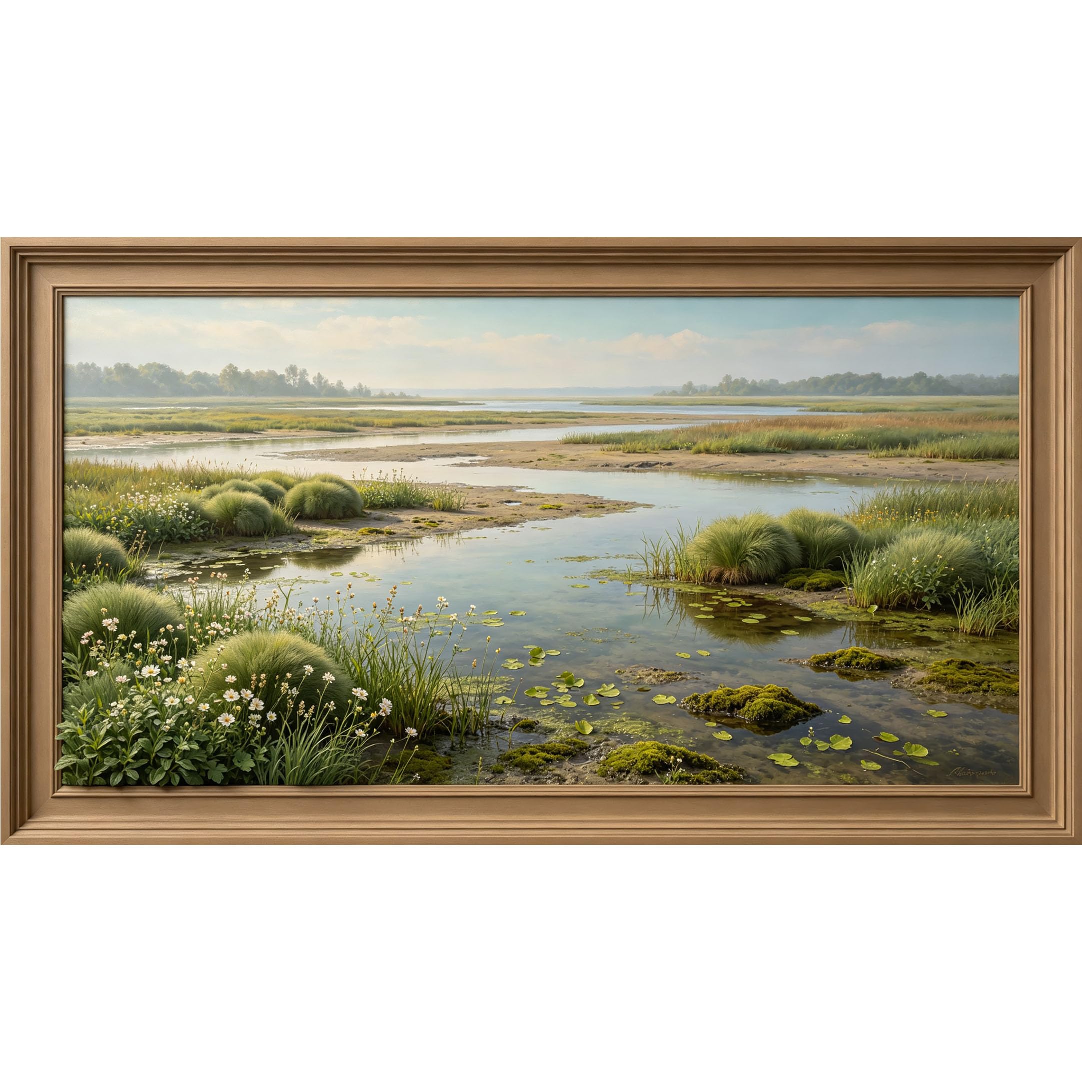 QZLITHOTIC 50x90cm3D Framed Wall Art， Tranquil Lake Marsh Landscape Self‑Adhesive Mural， Water‑Activated Peel & Stick Fabric Decor Wall Decal for Bedroom Living Room