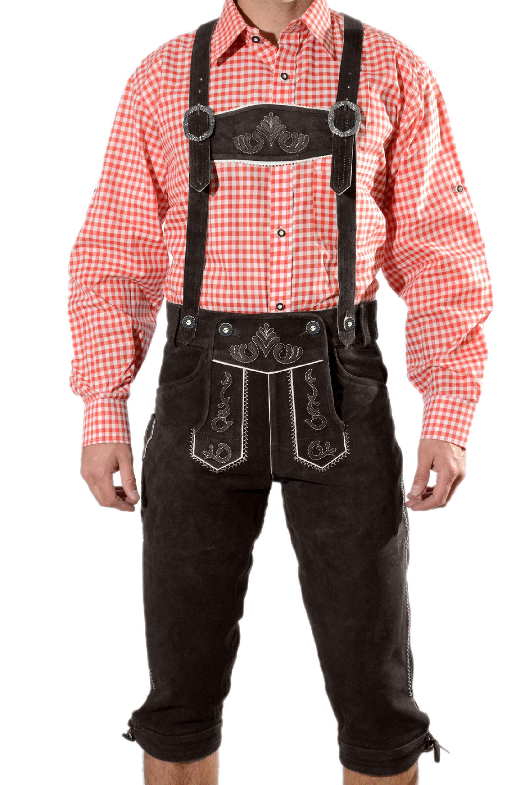 Bayerische Premium Herren Trachten Lederhose, Trachtenlederhose mit Trägern, original in Dunkelbraun/mittelbraun/schwarz, Oktoberfest, Größe 44-60