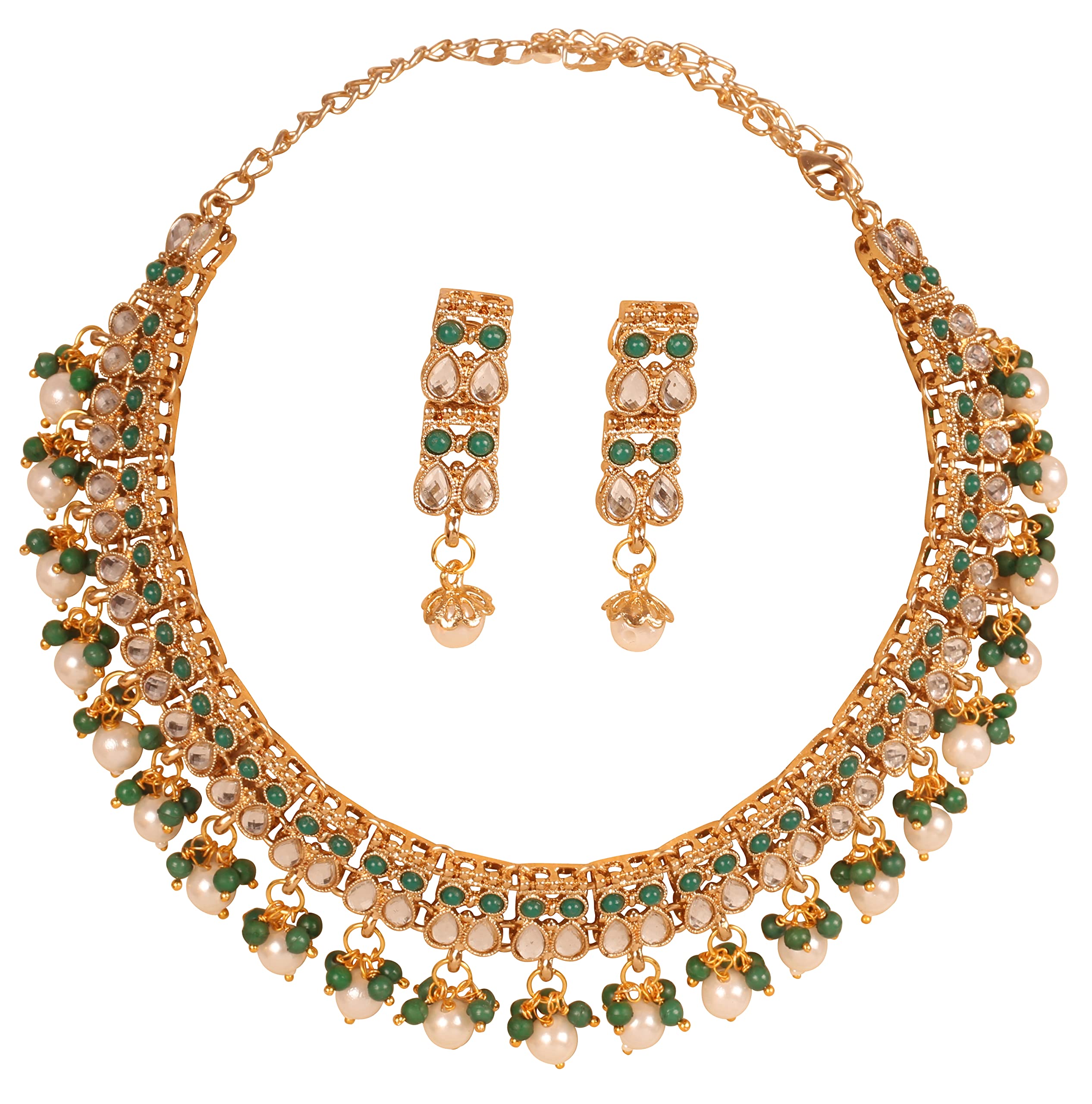 Indian Jewelry Sets for Women Temple Necklace Set kundan polki Wedding Green Faux Emerald Pearl Bollywood Style Antique Gold Artificial Bridal desi Traditional Ethnic Accessories