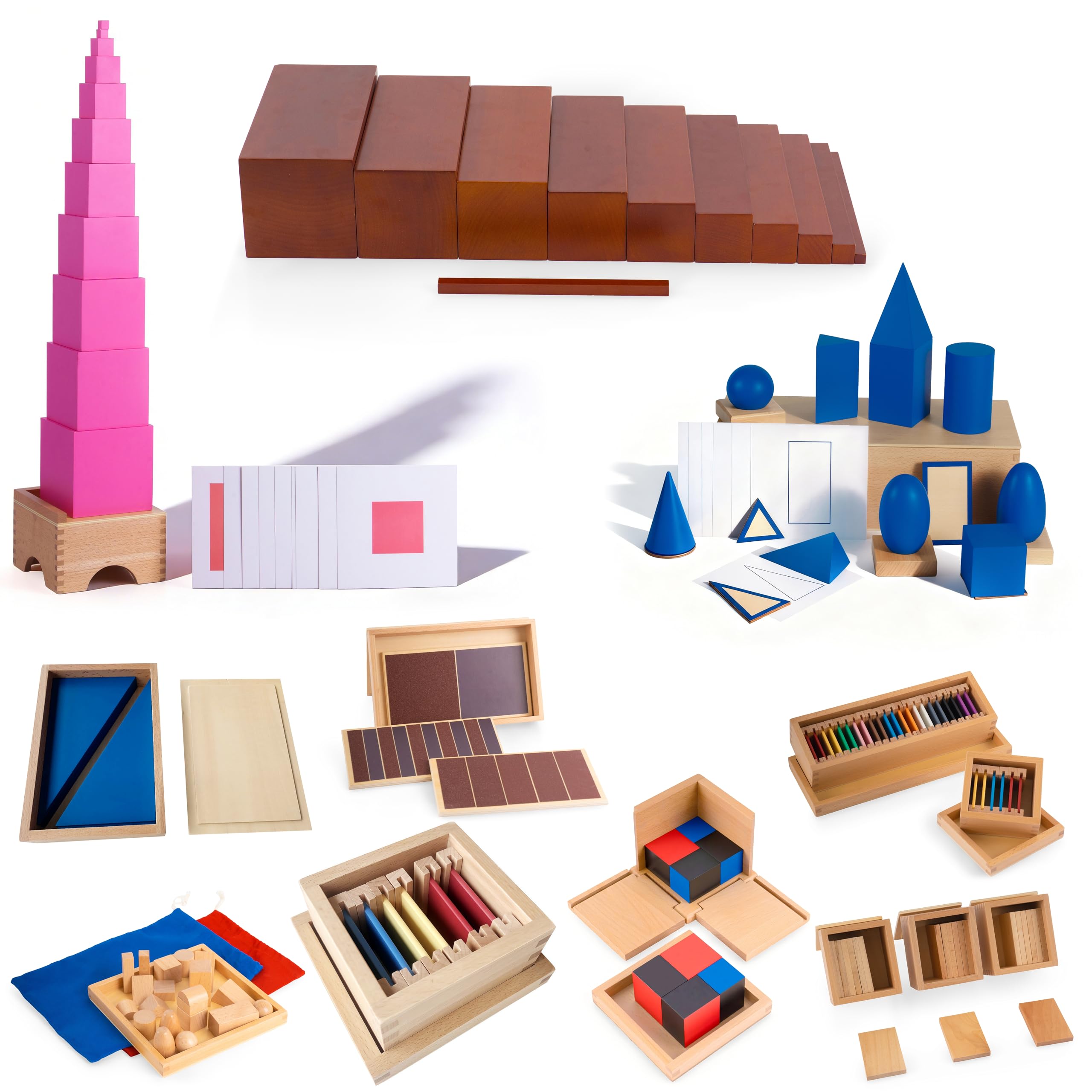Premium Montessori zestaw materiałów sensorycznych 1 z różową wieżą i brązowymi schodami – 14 zabawek sensorycznych z drewna bukowego dla dzieci w wieku 3-6 lat, do przedszkola i szkoły