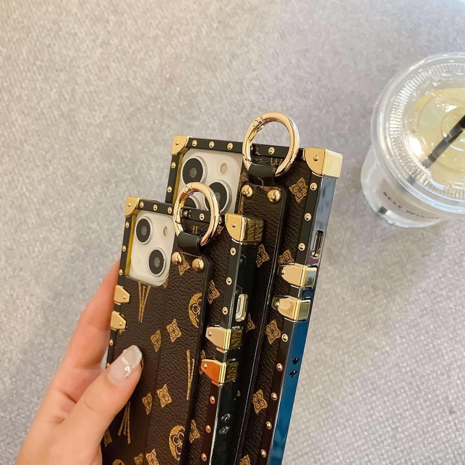 Rectangle Leather Compatible with iPhone 13 Case with Wristband Strap, Luxury Designer Case for Women Girls, Holder Kickstand Protective Cover 6.1” (Brown) - Image 4