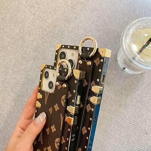 Miniatura 4 de TRODINO Funda cuadrada de cuero para iPhone 13 Pro con correa de pulsera, funda de teléfono de diseño de lujo para mujeres y niñas, soporte de mano,